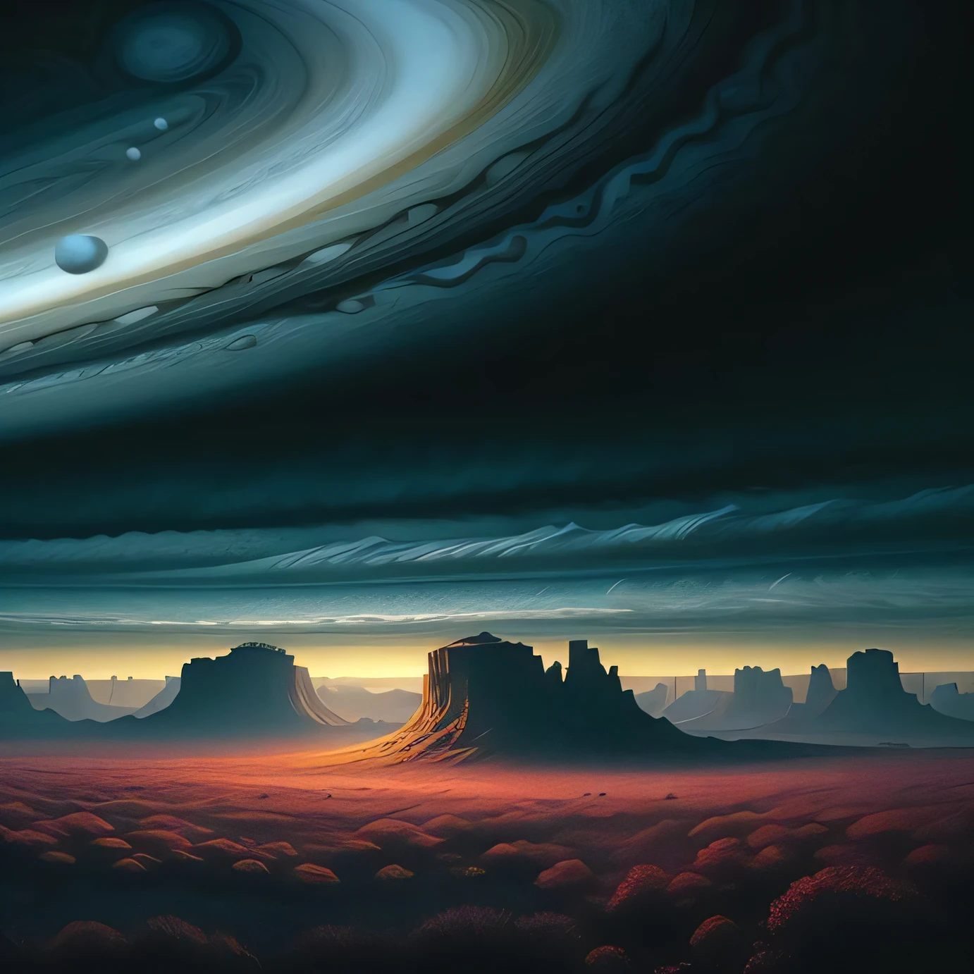 illustration of jupiter clouds by dan mumford, alien landscape and vegetation, epic scene, a lot of swirling clouds, high exposure, highly detailed, realistic, vibrant blue tinted colors, uhd