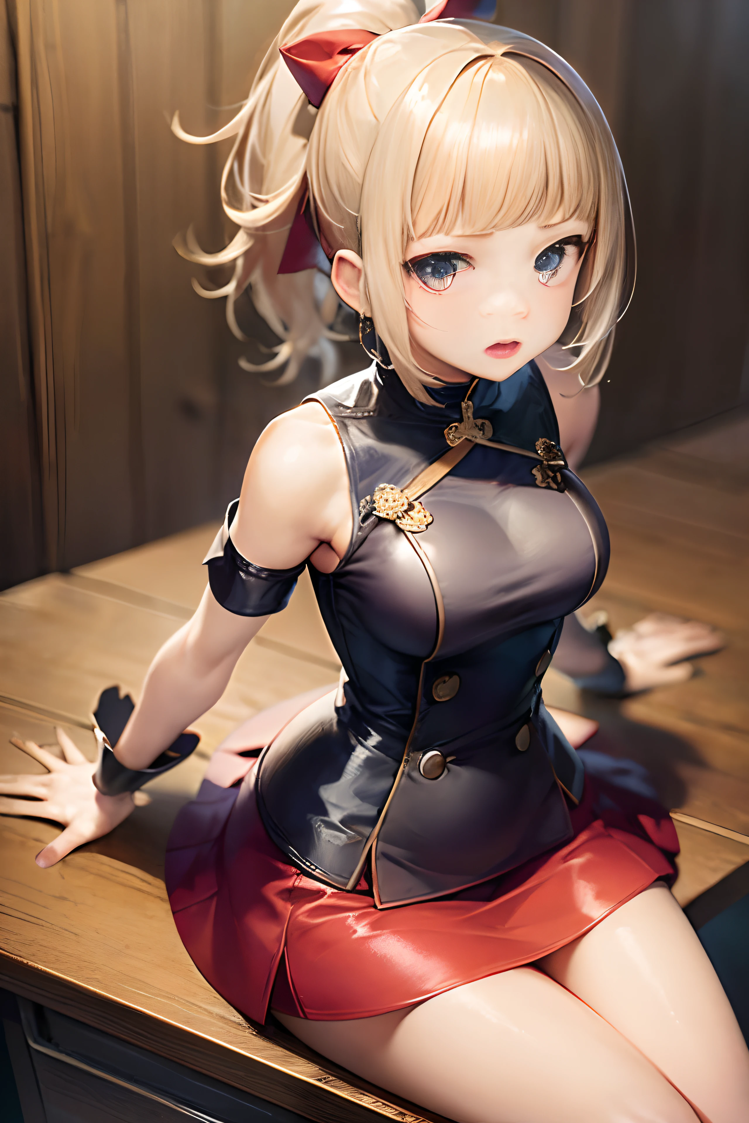 meeting room, ((German national costume:1.5)), ((a miniskirt:1.5)), Break HA, very detailed face and eyes, ((Kyoto Animation Style)), super precision, ​masterpiece, very extremely beautiful, Princess Face,  shorth hair, Straight hair, a blond, ((Short ponytail:1.5)), ((Straight bangs:1.5)), ((hime-cut:1.5)), big eye, Blue eyes, ((medium breasts)), BREAK, Red ribbons, cowboy  shot, dynamicposes, gland, stern face, frombelow, Latex, desk work, ((press conference)), sitting on, frombelow, half-opened mouth,