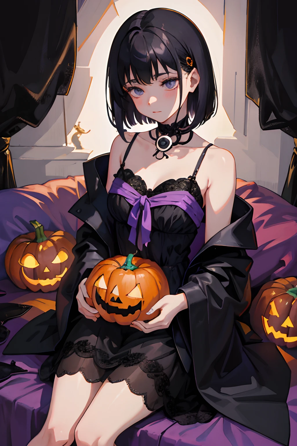 Sleepy look，*****，（​masterpiece，Highest Quality），A dark-haired，Medium bob，witch outfit，Halloween，Jack-o'-lantern，pumpkins，skull，embarrassed from，be shy，purple backdrop