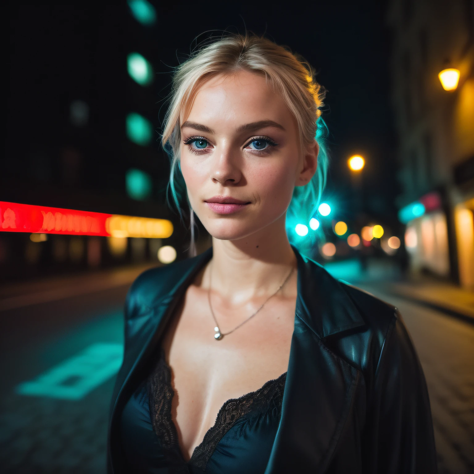 (Selfie, vue de dessus: 1.4), (Right half of the body: 1.4), RAW UHD portrait photo of a 24-year-old blonde (Femme aux yeux bleus) marcher dans une ruelle sombre, gros seins,, Ville la nuit, (jupe), (neckline), specifics (Textures! , cheveux! , briller, couleur!! , disadvantages: 1.1), Bright eyes with lots of detail (looking at the camera), SLR lighting, reflex, Ultra-quality, re sharpness, profondeur de champ, grain du film (centre), Sony A7IV, Limpide, Centre Du caDre, beau visage, tache de rousseur, mise au point nette, street lamp, neon lighting, Bokeh (dimly lit), Nuit, (Ciel nocturne), detailed skin pores, peau grasse, coup de soleil, intricate eye details, corps entier, gros seins