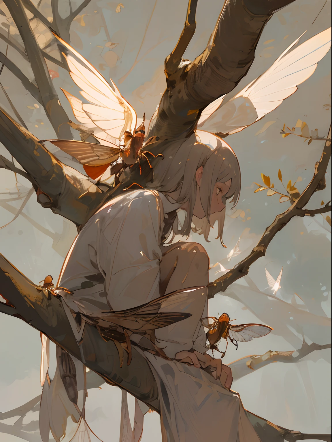 View of cicadas on tree branches,Girl cicada wings, Locusts and flies,, insects, insect wings, kuntilanak on tree,, Exquisite and handsome wings, anato finnstark, Looking for women, up close shot, fly, hyperdetailed photo, Alison Watt, Man's, shot on iphone 1 3 pro, photographed