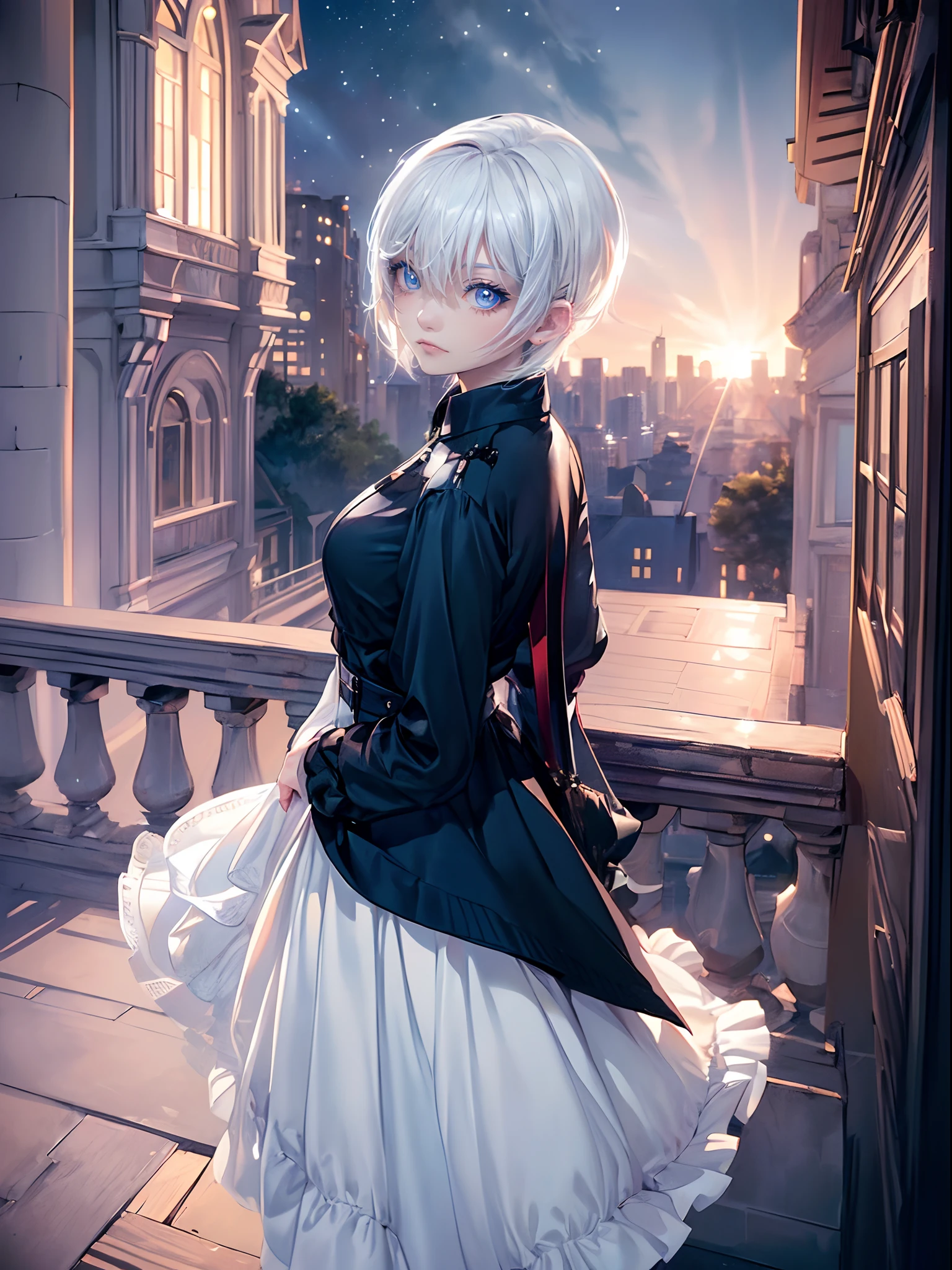 ((4K works))、masterpiece、(top-quality)、One Beautiful Girl、Slim body、tall、((Black Y-shirt and white pants、Charming street style))、(Detailed beautiful eyes)、Stylish English black balcony、Castle inhabited by villains、Black shop window、Balcony at night、((Starry sky in the background))、((dark sky))、((Fashionable city scenery at midnight))、((Standing on a stylish balcony and shooting))、mid night、((Face similar to Carly Rae Jepsen))、((Short-haired white hair))、((Smaller face))、((Neutral face))、((Bright blue eyes))、((American adult women))、((Adult female 26 years old))、((cool lady))、((Like a celebrity))、((Wild look))、((Korean Makeup))、((elongated and sharp eyes))、((Happy dating))、((boyish))、((Upper body photography))、Professional Photos、((Shot alone))、((shot from back))、((Shot so that the back of the head is visible))、((Shot in close proximity to her))、((Focus zoom in))、((She is watching the sunset))、((She standing on the balcony))