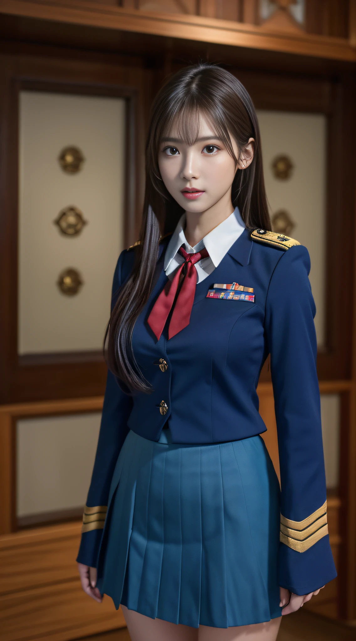 【Top resolution、Distinct_image】top-quality、masterwork、high-level image quality、Semi-reality、Female Officer、Triple Bang、Blue uniform、Blue pleated skirt、military outfits、Naval non-commissioned officer、pov、Military Academy、