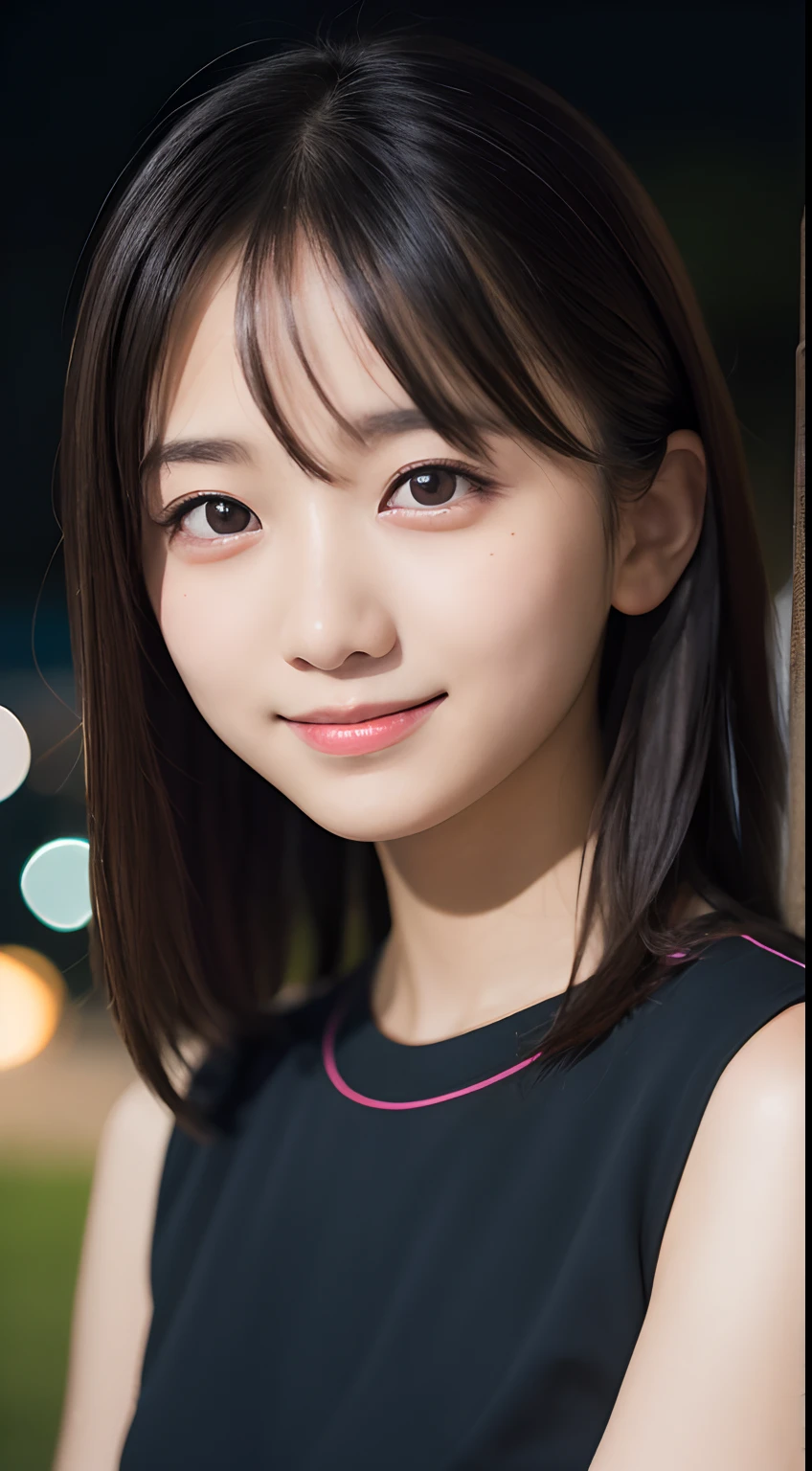 masutepiece, Best Quality, 8K, 15yo student, Teen, Raw photo, absurderes, award winning portrait, Smile, Smile, Solo, Night, neons, Idol face, violaceaess, gardeniass, Delicate girl, Upper body, Digital SLR, Looking at Viewer, Candid, Sophisticated, zora々Right, Thin arms, Professional Lighting, Film grain, chromatic abberation, (Eyes and faces with detailed:1.0), (Bokeh:1.1)