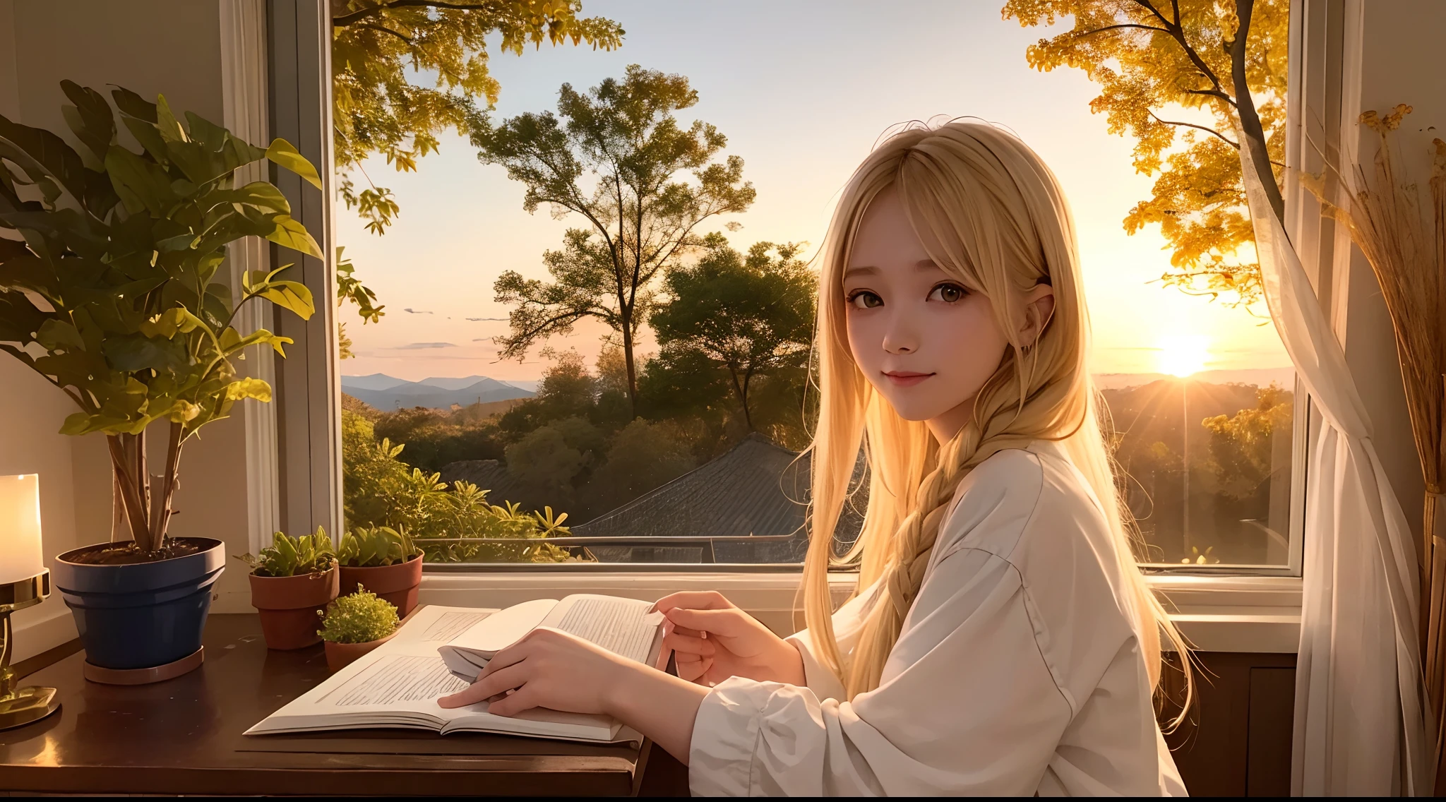 Sunny autumn evenings、Beautiful sunset sky、Room with plants、Alone、femele、intelligence、Braids、a blond、Eye Catch、Gentle smile、Reading、Soft light、