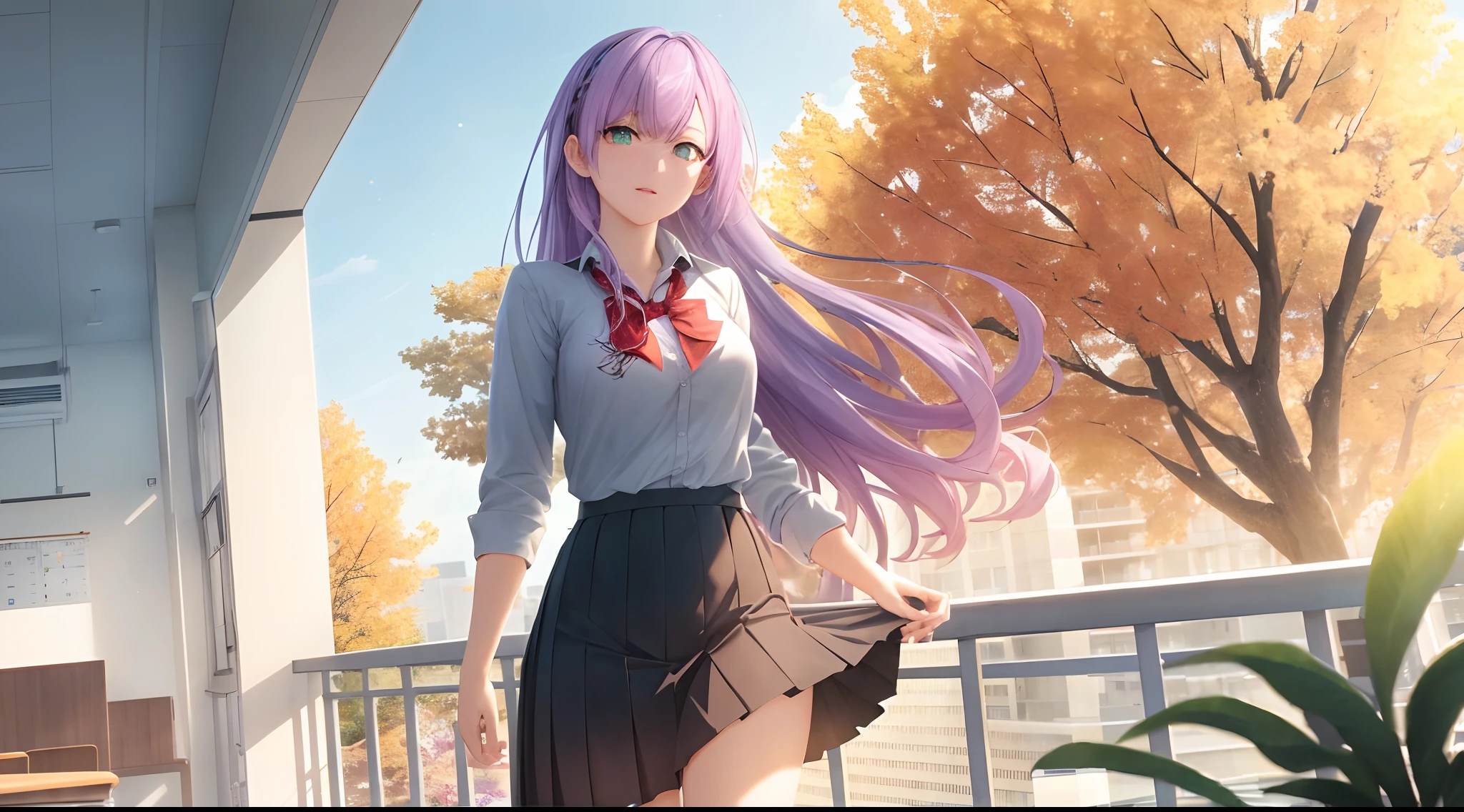 Athena with plain long light purple hair,hair between eyes,green eyes,rosy cheeks,full lips,thin eyebrows,slender body,wearing school uniform and full long skirt,cute anime girl,full body,classroom balcony in background,anime style,Lumen Reflections,Screen Space Reflections,Diffraction Grading,Chromatic Aberration,GB Displacement,Scan Lines,Ray Traced,Anti-Aliasing,FXAA,TXAA,RTX,SSAO,Shaders,OpenGL-Shaders, GLSL-Shaders,Post Processing,Post-Production,cell Shading,Tone Mapping,CGI,VFX,SFX,insanely detailed and intricate, 4K,standing, solo, masterpiece, best quality, detailed face, detailed eyes, highres, standing, solo,masterpiece, best quality