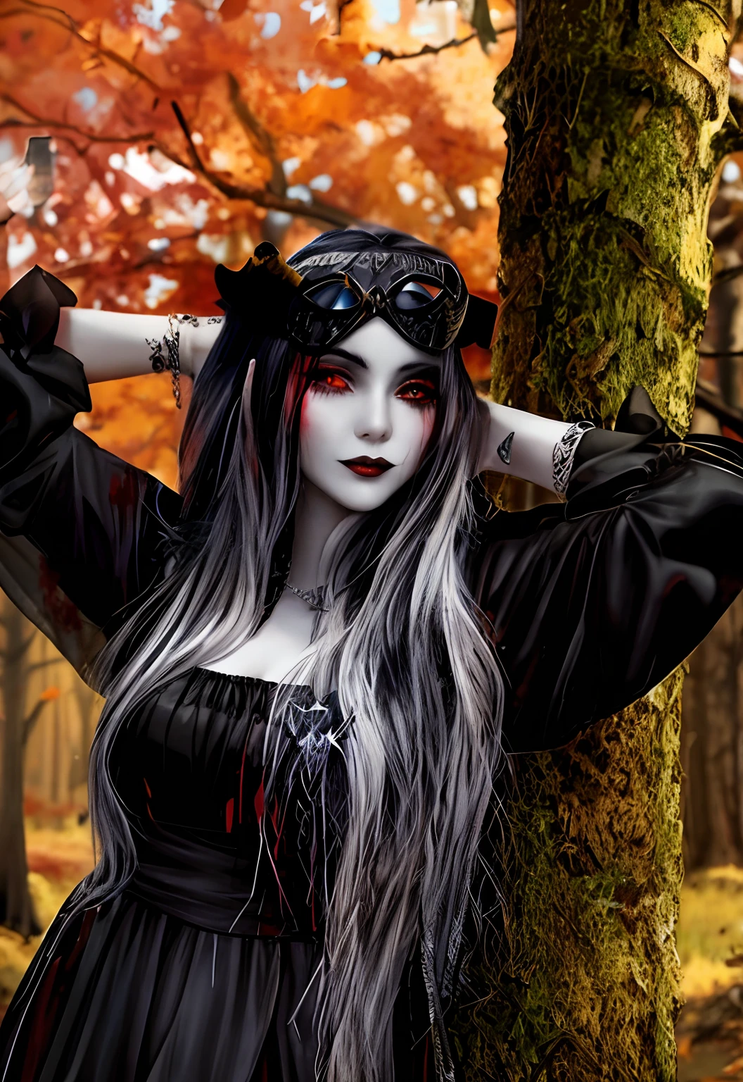 arafed black hair, black lipstick, blood dripping from eyes 👀 woman in a white dress posing next to a tree, horrifying  witch with long black hair, white skin, blood dripping from eyes, scars, horns, evil 👿 wearing dark victorian goggles, wearing victorian dark goggles, as a medieval fantasy character, dark witch headdress, wearing victorian goggles, evil fire sorceress in the woods, dressed in a medieval lacy, witchy clothing, witch in the woods, wearing gothic accessories