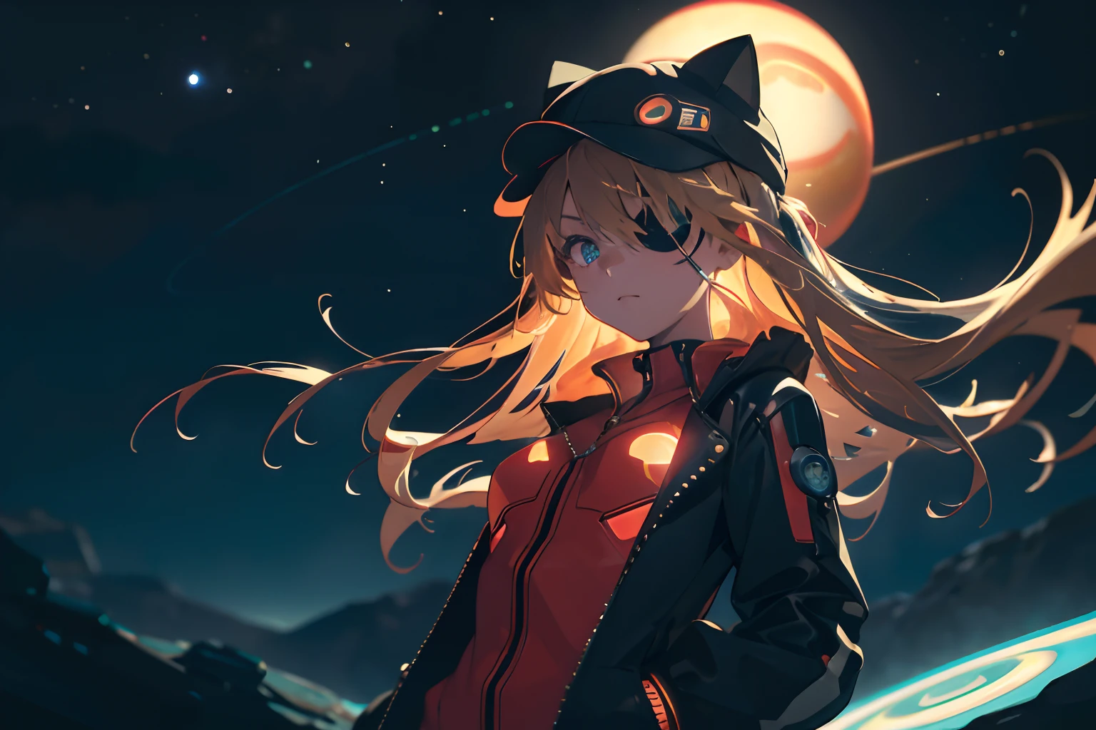 ((masterpiece,best quality, detailed,)), 1girl, solo, cowboy shot, floating above planet,(Saturn1.3), Jupiter, EVA, depth of field,(glowing eyes:1.2),neon details,glowing body,  night,starry sky, souryuu asuka langley, red unzipped jacket,  cat hat, red bodysuit, eyepatch, hands in pockets,