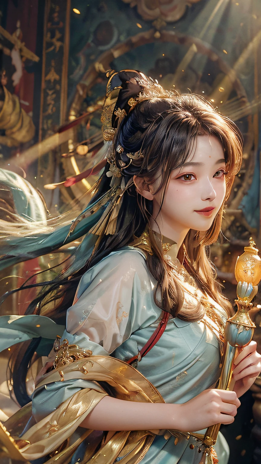 (RAW Photo, Best Quality), (Realistic, Photo Realistic: 1.3), Best Quality, Highly Detailed, Masterpiece, Ultra Detailed, Illustration, 1 Girl, upper_body, Dynamic Angle, World Mastery Theater, messy_long_hair, Best Quality, Extremely Detailed CG Unified 8k Wallpaper, Ink, Amazing, Cinematic Lighting, lens_flare, dunhuang_style, Beautiful Rendering of the Tang Dynasty, (Smile: 1.5), (Holy Light), In the Grotto, Floating, Sony Master Shot, Bustling, Gold Leaf, Flower, Light Blue Clothes, Looking at the Audience