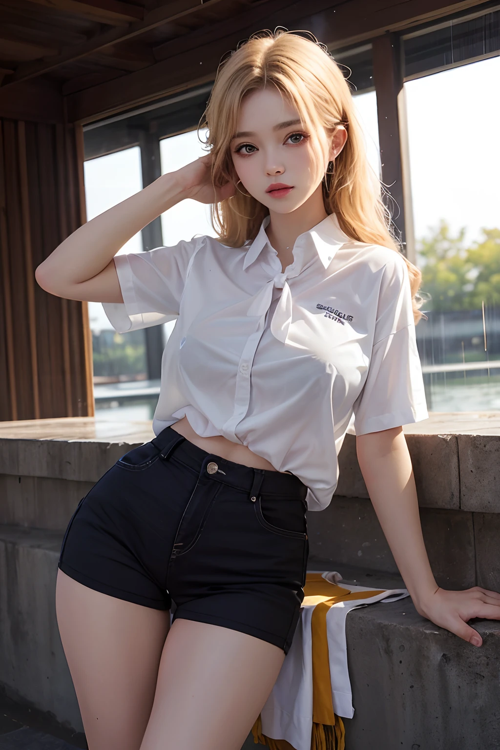 1Man girl、top-quality、超A high resolution、Raw photo、(Authentic skin texture:1.3)、large full breasts、huge tit、Wavy blonde hair、a blond、Picture-perfect face、Professional artwork、((Perfect female body))、Beautiful expression、beauitful face、Seductive look、beautidful eyes、thighs thighs thighs thighs、full body Esbian、(Random sexy poses:1.3)、(Immersive atmosphere、Chiaroscuro:1.5、brightened light:1.2、Luminous lighting) 、(red blush:0.5)、realisitic:1.3、longshot、Professional artistic background、Korean School Uniform、Short sleeve uniform shirt、tight shirtp、Ribbon tie、a miniskirt、Transparent pants、Pants with visible streaks、((Spread your legs apart、Show your crotch、Show your pants、Show your pants to your audience、pantie shot、Panchira))、((transparent clothe、Transparent shirt、A shirt that gets wet in heavy rain and shows through、Transparent pants、Transparent underwear))、No bra
