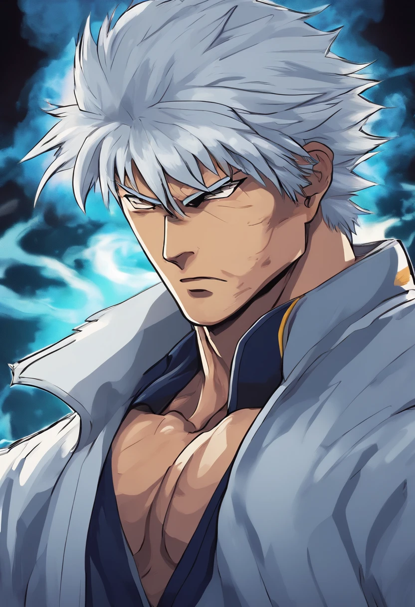 A closeup of a person with white hair and a blue jacket, Gintama, Gintama Gintoki, a silver-haired madman, 8K!, he has gray hair