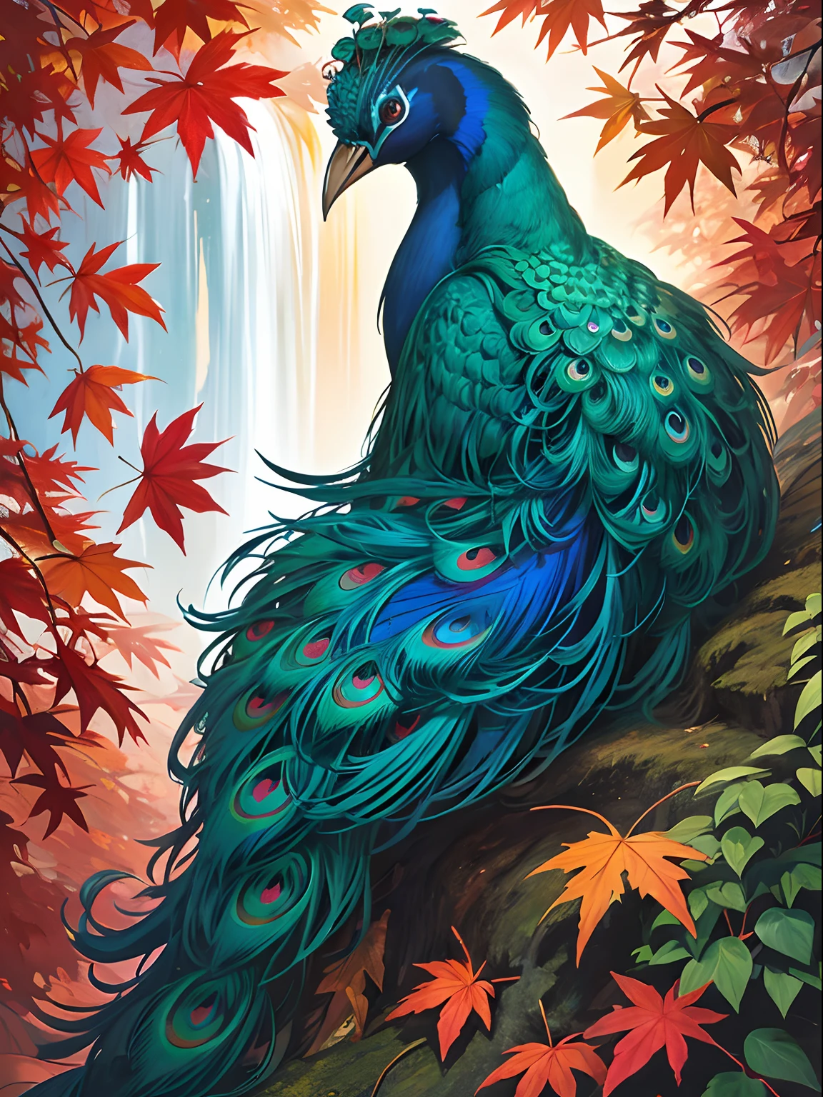(masutepiece, of the highest quality, Best Quality, Official art, Beautiful and aesthetic:1.2), (peacock), ighly detailed, Colorful,highest details,Illustrations, artistic fusion,fantastical scenes,striking visuals, Autumn, Autumn_Leaves,Falling_Leaves, fronds, fronds_Background, fronds_print, Maple_fronds, Nature,Outdoors,Waterfall, Flying Maple Leaf