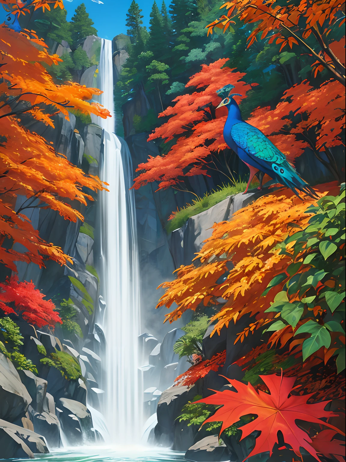 (masutepiece, of the highest quality, Best Quality, Official art, Beautiful and aesthetic:1.2), (peacock), ighly detailed, Colorful,highest details,Illustrations, artistic fusion,fantastical scenes,striking visuals, Autumn, Autumn_Leaves,Falling_Leaves, fronds, fronds_Background, fronds_print, Maple_fronds, Nature,Outdoors,Waterfall, Flying Maple Leaf