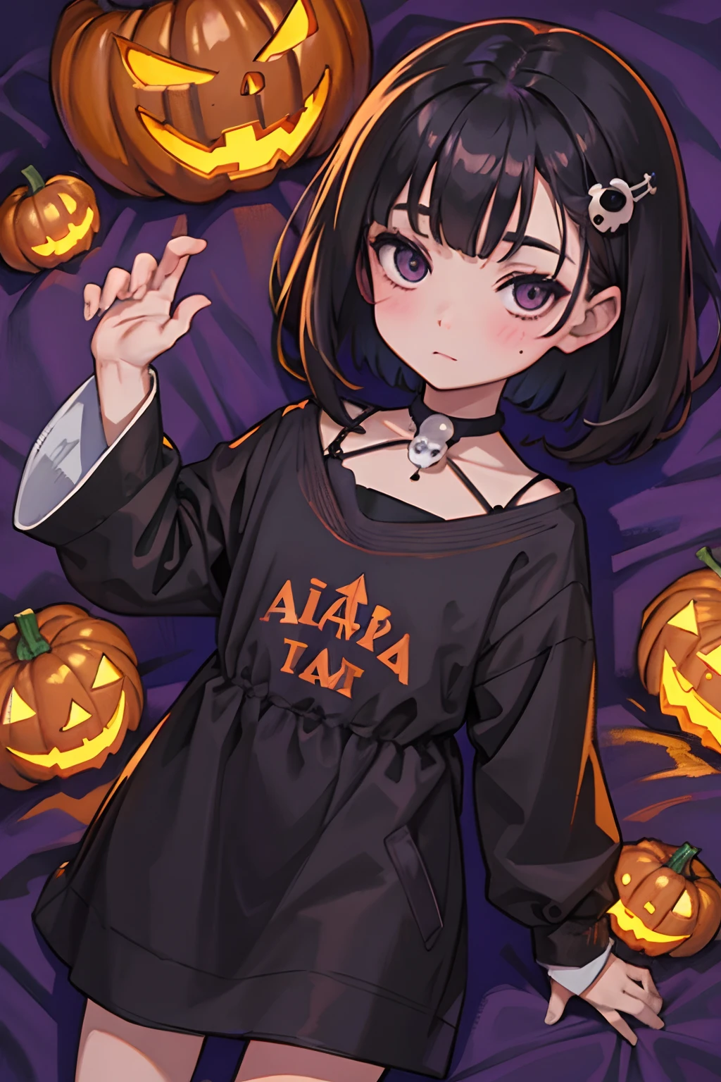 Sleepy look,(child:1.2),(masterpiece,Highest Quality),A dark-haired,Medium bob,witch outfit,Halloween,Jack-o'-lantern,pumpkins,skull,embarrassed from,be shy,purple backdrop