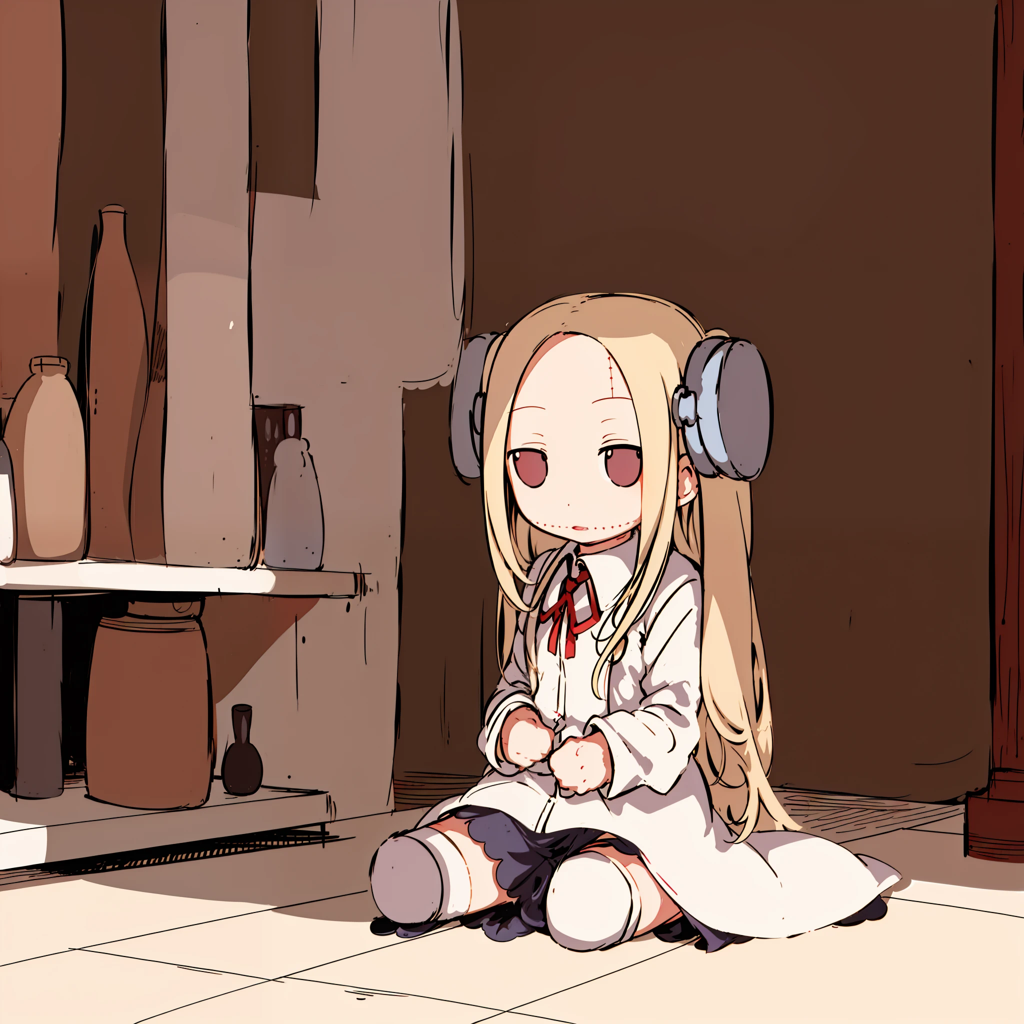 1girl, solo, light hair, madaraki_fran, twintails, long hair, dress, fumo, doll, sitting, lab coat
