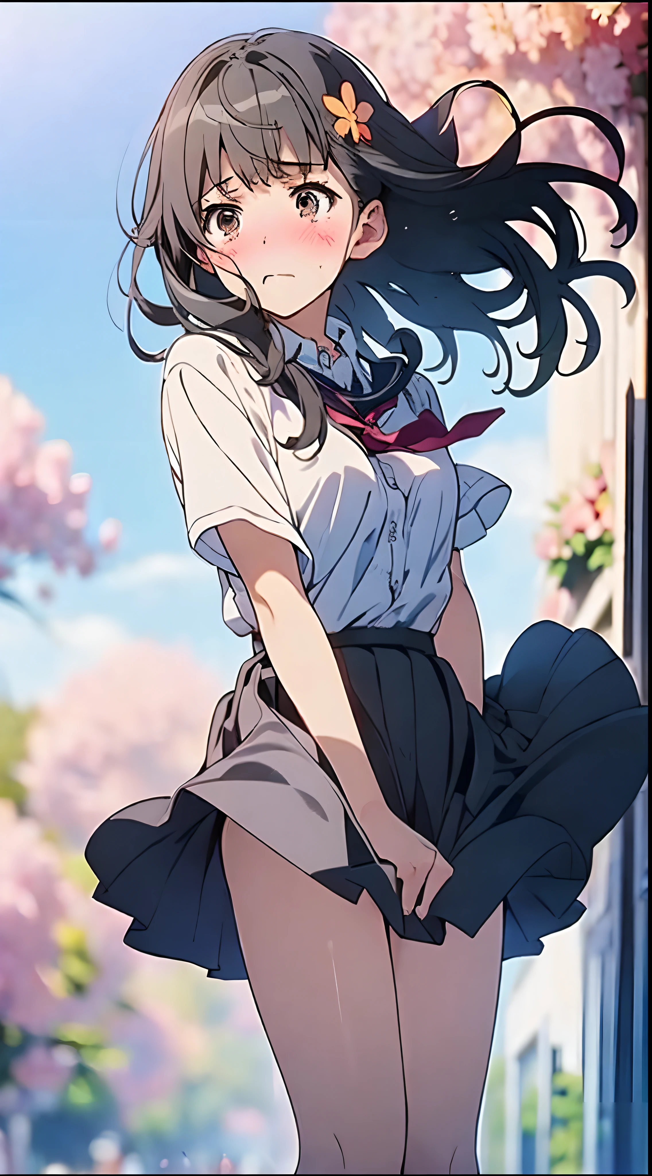 1womanl,Black hair,Blue Ribbon ,((Surprised look)),Beautiful breasts,School Uniforms,well-styled,,(Facing the front)(((Blushing cheeks、embarassed expression)),(((The skirt is rolled up by the wind))),Flower hairpins