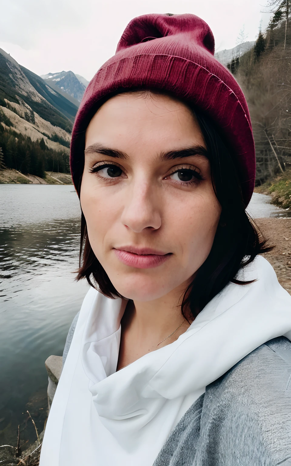 photoreallistic, femme nue, Best quality, hyper detailed, beautiful woman, Photo selfie, Haut du corps, seulement, Porter un pull, dehors, (Nuit), montagnes, The nature of real life, stars, lune, (gai, content), sac de couchage, Gants, chandail, Beanie, torche, woods, Roches, river, Bois, smoke, dent, clear sky, Style analogique, Regarder le spectateur, texture de la peau, grain du film, Gros plan, ultra highres, Meilleure ombre, .RAW, instagram LUT