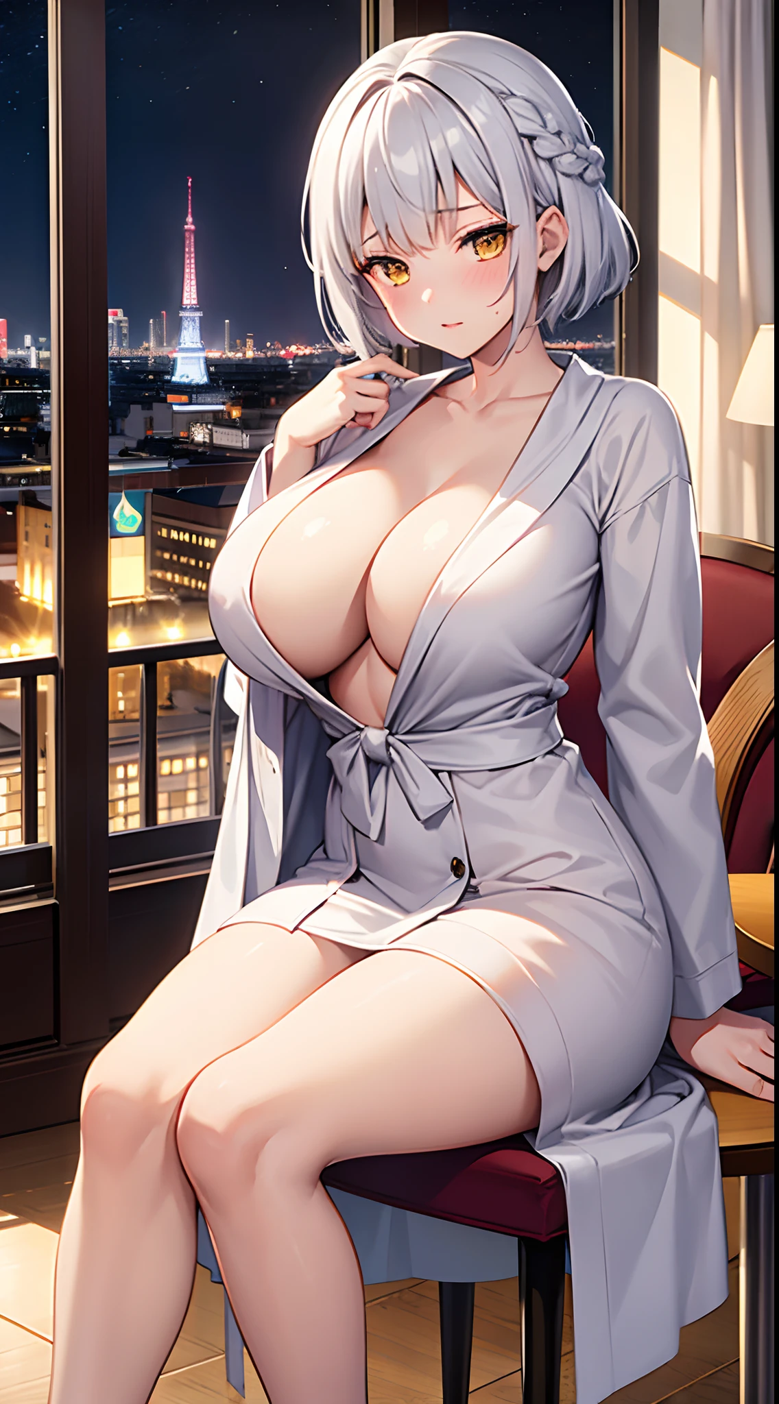 1 girl, game CG, bathrobe, gigantic breasts, silver hair, short hair, french braid, yellow eyes, hotel, night, wine, sitting in chair, table, blush,