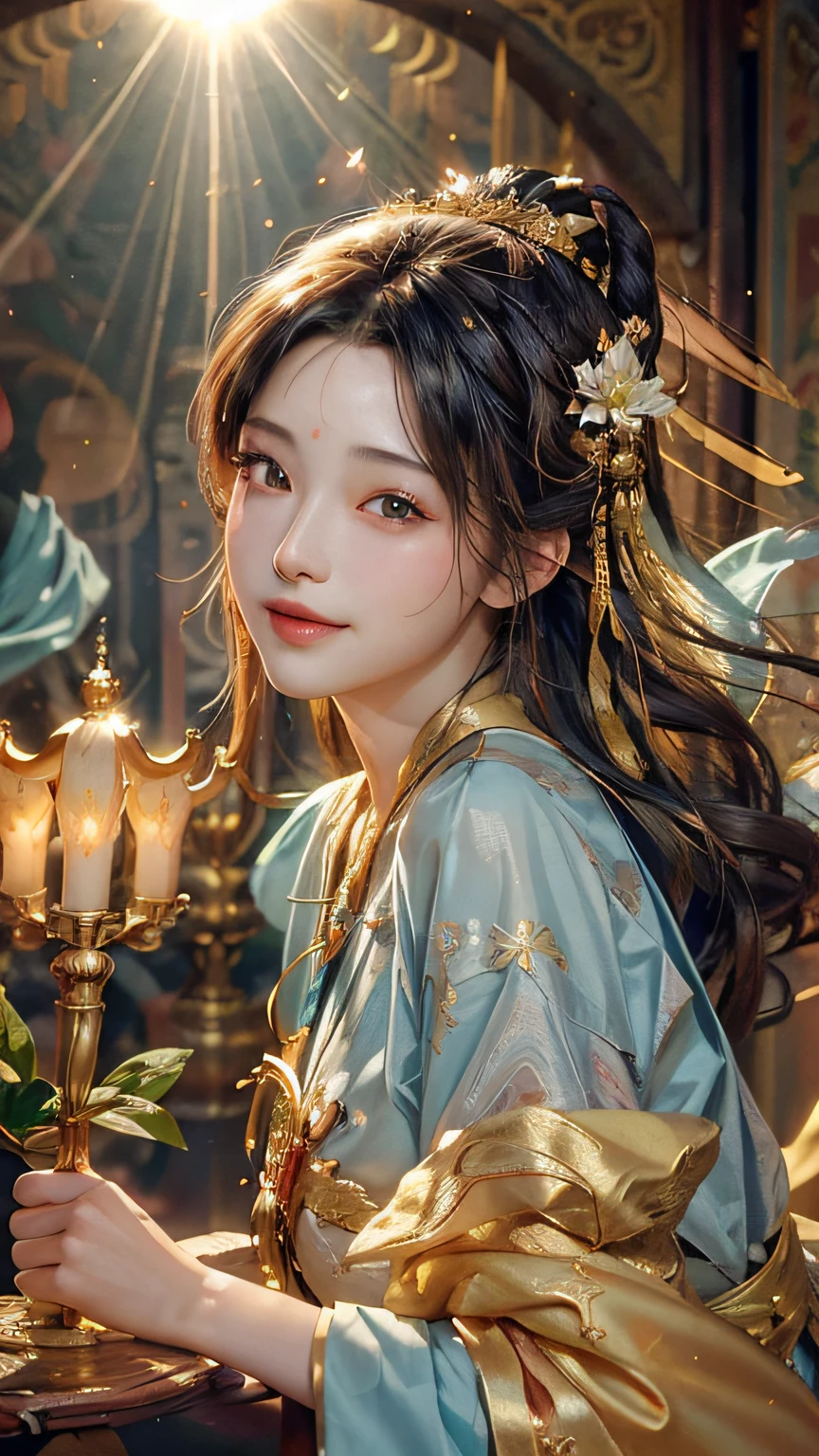 (RAW Photo, Best Quality), (Realistic, Photo Realistic: 1.3), Best Quality, Highly Detailed, Masterpiece, Ultra Detailed, Illustration, 1 Girl, upper_body, Dynamic Angle, World Mastery Theater, messy_long_hair, Best Quality, Extremely Detailed CG Unified 8k Wallpaper, Ink, Amazing, Cinematic Lighting, lens_flare, dunhuang_style, Beautiful Rendering of the Tang Dynasty, (Smile: 1.5), (Holy Light), In the Grotto, Floating, Sony Master Shot, Bustling, Gold Leaf, Flower, Light Blue Clothes, Looking at the Audience