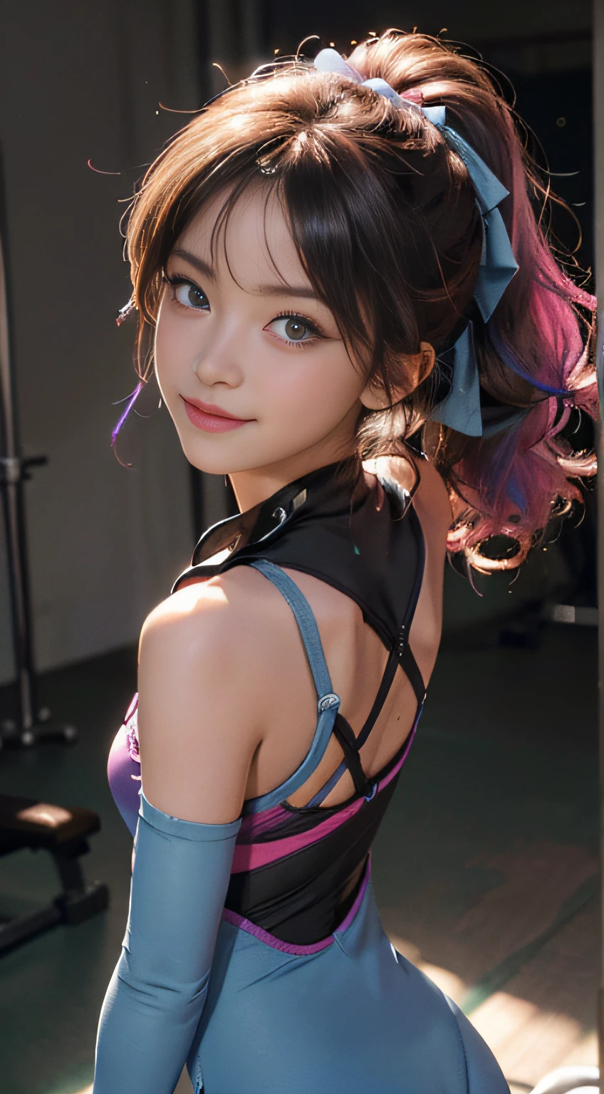 ((,)), ((Very small head)), Daylight, Sunlight, Bright light, (Perfect body : 1.1), (full bodyesbian), (Short wavy hair:1.2, Dark brown hair, Pink and blue mesh hair, Thin net), Full body shot, ((tight gymsuit), (Sweat), (Very detailed CG 8k wallpaper), (Extremely Delicately Beautiful), (masutepiece), (Best quality:1.0), (超A high resolution:1.0), (hentail realism), beautiful lightning ,Perfect lightning, Realistic shadows, [A high resolution], Detailed skin, Ultra-detailed, Slim body), (Beautiful hair, Wavy hair, Real hair, detailed hairs, High ponytail), fine collar bone, Beautiful breasts, Blush, Photorealistic, Realistic face, Beautiful face, Cute face, Realistic eyes, Small eyes, Cute smile, (((Colorful))), (eyes liner), (mascara), (eye shadows), (in  the gym), Looking back, Big buttocks, (Child face),