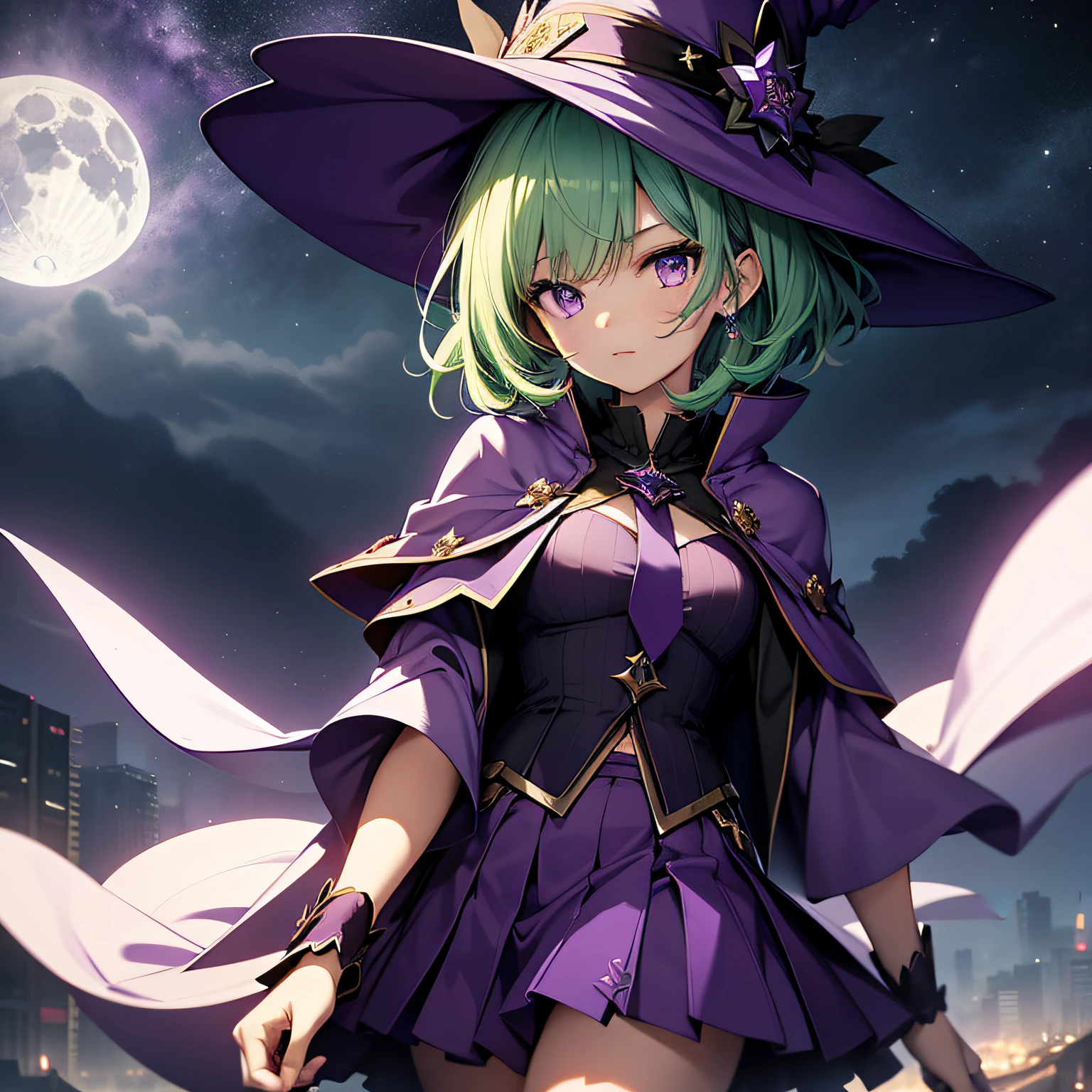 top-quality、extremely delicate and beautiful、(A teenage girl)、Purple Eye、Green hair、short-haired、(purple witch hat)、Purple tie、Soio、shortsleeves、Purple skirt、Purple Wizard Robe、Navel、is standing、Full moon night on background