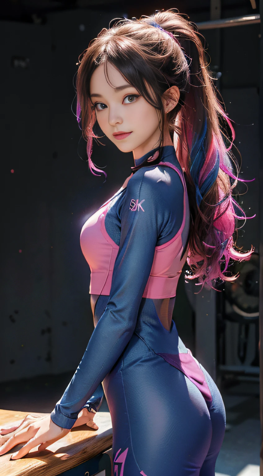 ((,)), ((Very small head)), Daylight, Sunlight, Bright light, (Perfect body : 1.1), (full bodyesbian), (Short wavy hair:1.2, Dark brown hair, Pink and blue mesh hair, Thin net), Full body shot, ((tight gymsuit), (Sweat), (Very detailed CG 8k wallpaper), (Extremely Delicately Beautiful), (masutepiece), (Best quality:1.0), (超A high resolution:1.0), (hentail realism), beautiful lightning ,Perfect lightning, Realistic shadows, [A high resolution], Detailed skin, Ultra-detailed, Slim body), (Beautiful hair, Wavy hair, Real hair, detailed hairs, High ponytail), fine collar bone, Beautiful breasts, Blush, Photorealistic, Realistic face, Beautiful face, Cute face, Realistic eyes, Small eyes, Cute smile, (((Colorful))), (eyes liner), (mascara), (eye shadows), (in  the gym), Looking back, Big buttocks, (Child face),