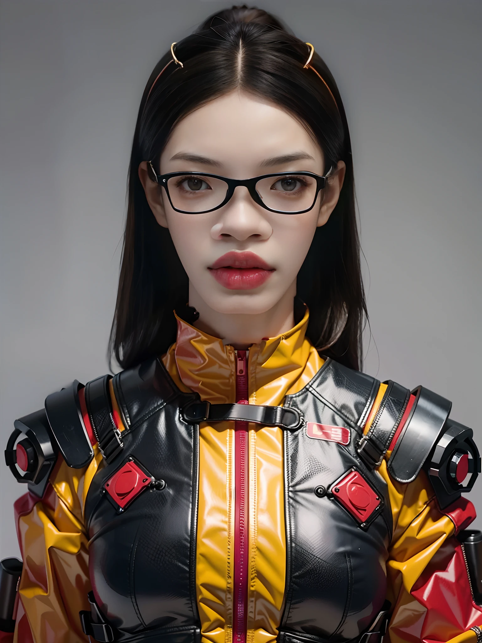 An 18-year-old beautiful Chinese woman,Wearing fluorescent red and yellow PVC mech,bulletproof vest,little breast,cyber punk perssonage,greybackground