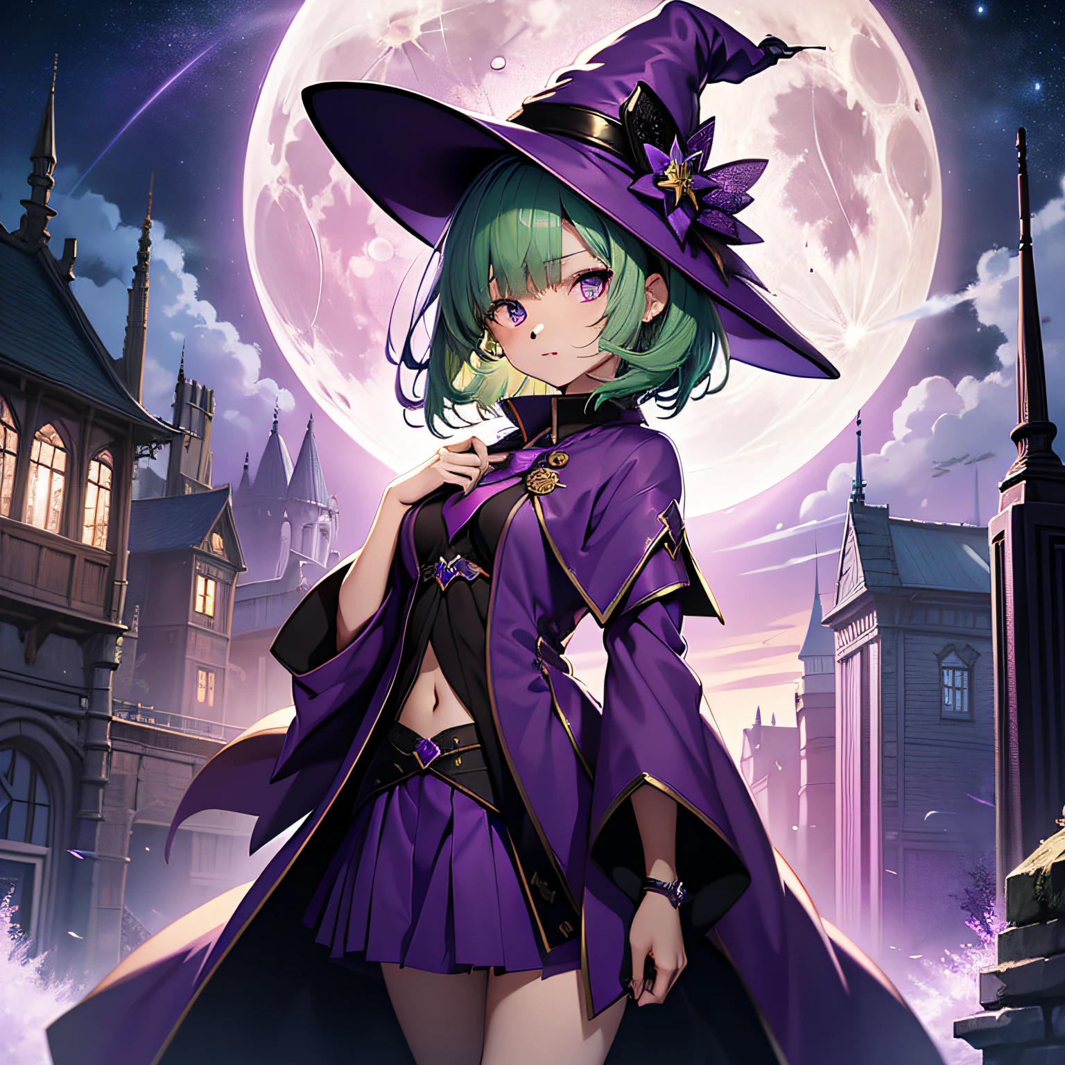 top-quality、extremely delicate and beautiful、(A teenage girl)、Purple Eye、Green hair、short-haired、(purple witch hat)、Purple tie、Soio、shortsleeves、Purple skirt、Purple Wizard Robe、Navel、is standing、Full moon night on background