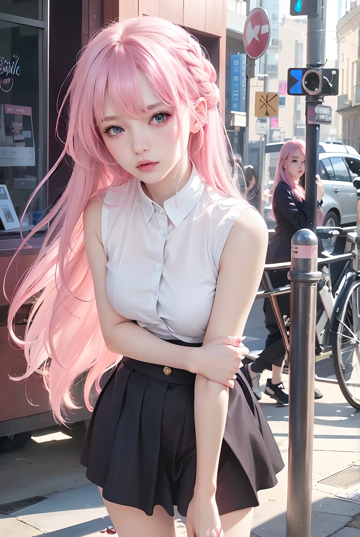 best quality, ultra high res, (photorealistic:1.4), 8k resolution, girl, (pink hair:1.3) , realistic blue eyes, (realistic hair:1.2), (Korean girl:1.2), (realistic eyes:1.2), (beauty face:1.3), perfect body, white pale skin, small breast, cleavage, , (eyes looked up:1.3), petite , Sports bikini, flat chest