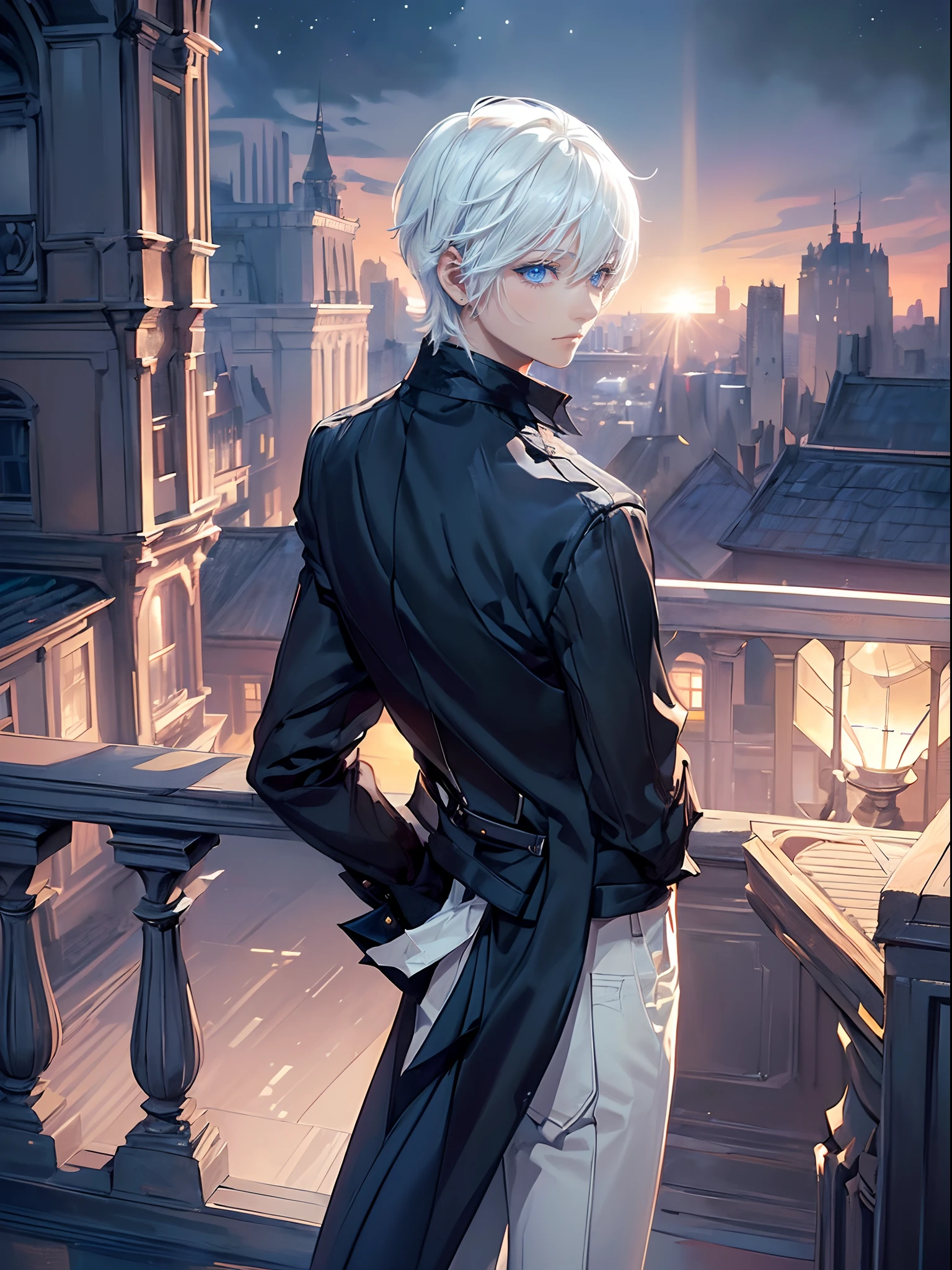 ((4K works))、​masterpiece、(top-quality)、One Beautiful Boy、Slim body、tall、((Black Y-shirt and white pants、Charming street style))、(Detailed beautiful eyes)、Stylish English black balcony、Castle inhabited by villains、Black shop window、Balcony at night、((Starry sky in the background))、((dark sky))、((Fashionable city scenery at midnight))、((Standing on a stylish balcony and shooting))、mid night、((Face similar to Carly Rae Jepsen))、((Short-haired white hair))、((Smaller face))、((Neutral face))、((Bright blue eyes))、((American adult male))、((Adult male 26 years old))、((Cool Men))、((Like a celebrity))、((Wild look))、((Korean Makeup))、((elongated and sharp eyes))、((Happy dating))、((boyish))、((Upper body photography))、Professional Photos、((Shot alone))、((shot from back))、((Shot so that the back of the head is visible))、((Shot in close proximity to him))、((Focus zoom in))、((He is watching the sunset))、((He standing on the balcony))