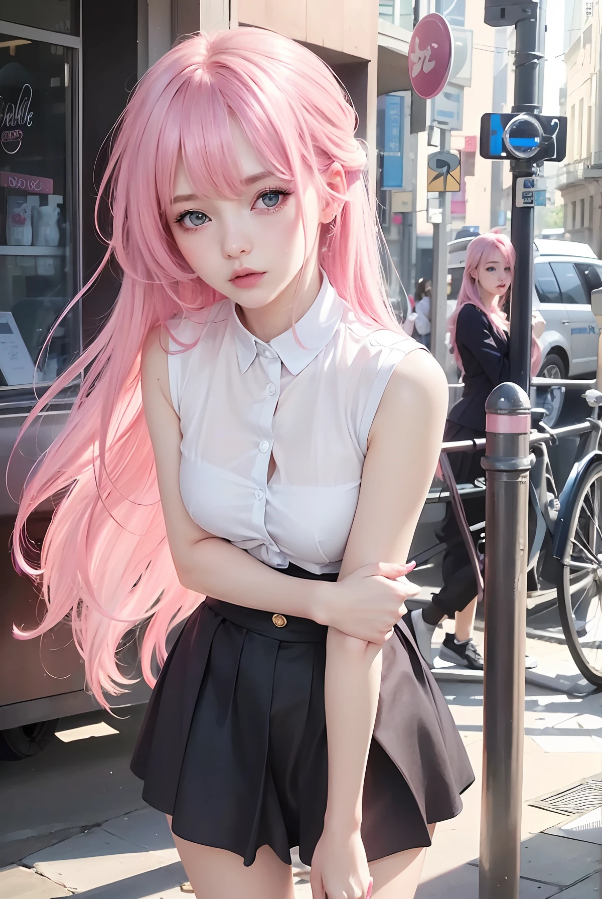 best quality, ultra high res, (photorealistic:1.4), 8k resolution, girl, (pink  hair:1.3) , realistic blue eyes, (realistic hair:1.2), (Korean girl:1.2), (realistic eyes:1.2), (beauty face:1.3), perfect body, white pale skin, small breast, cleavage, , (eyes looked up:1.3), petite , Sports bikini, flat chest