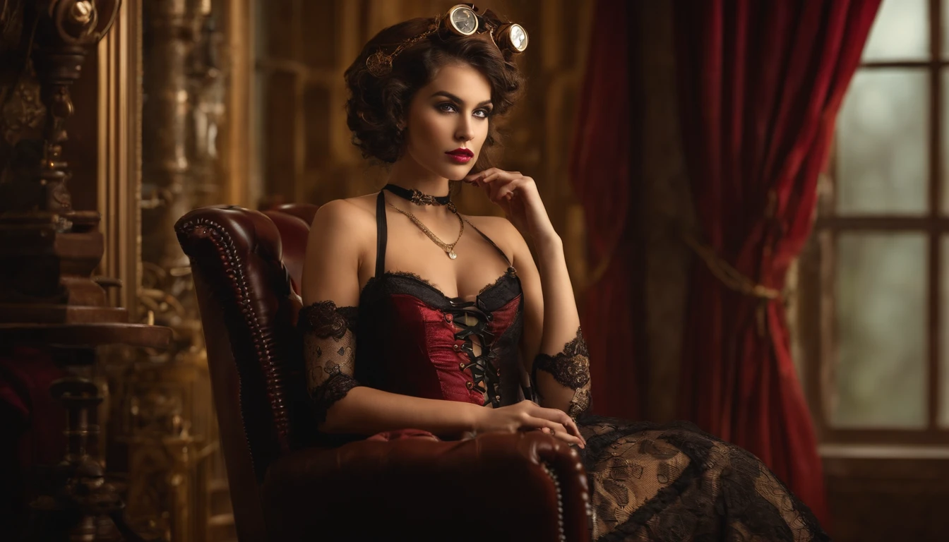 Retrato de uma menina steampunk bonita em lingerie e meias sentada em poltrona velha, ((detalhando todo o corpo))