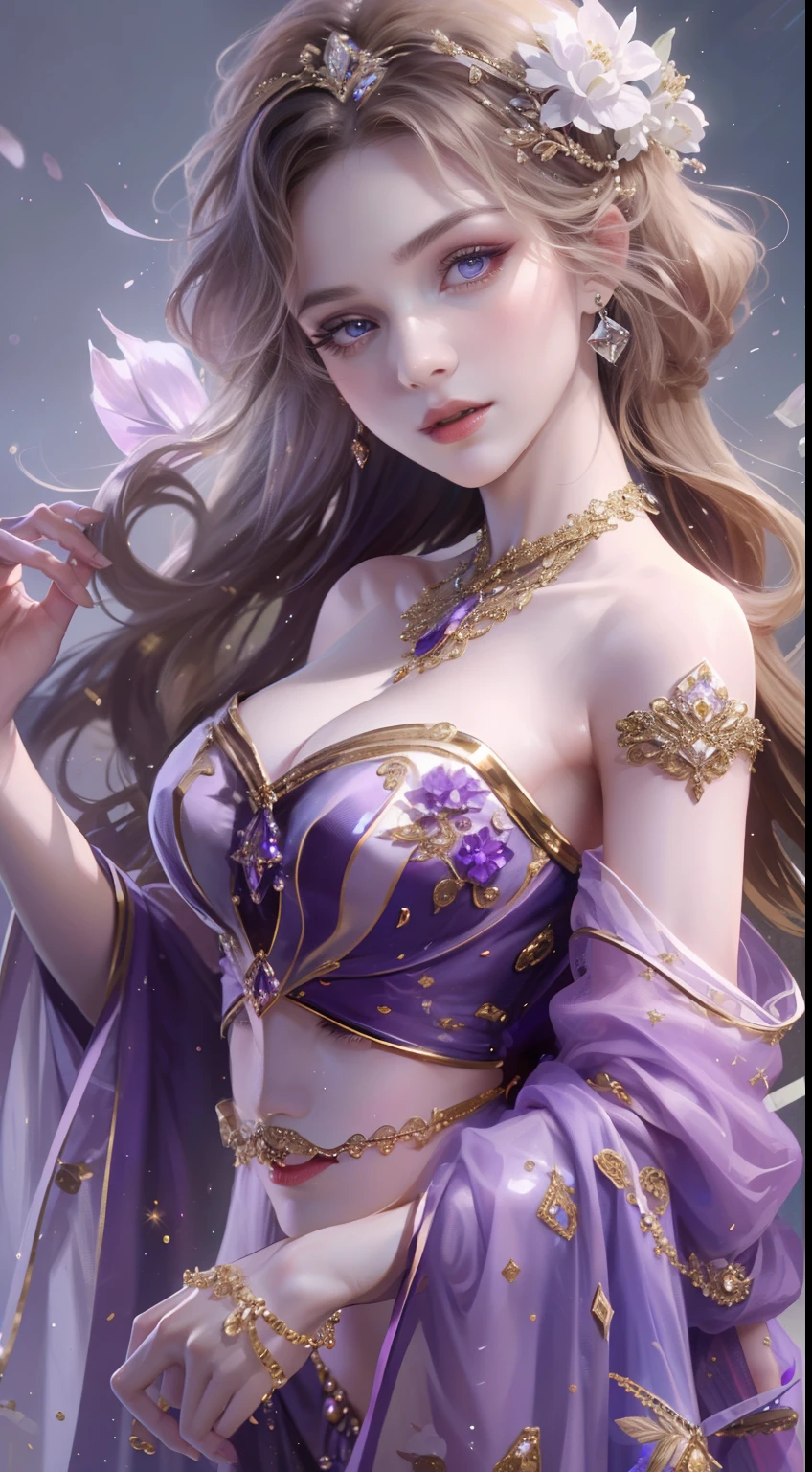tmasterpiece, Highest high resolution，High-quality content, 8K quality photos with excellent detail, Perfect for presenting dynamic busts of noble maidens, Delicate curves, bend your hair、Creates gorgeous and intricate fabric textures, Plain purple eyes, Delicate floral decoration, Sparkling Crystal Jewelry, Very focused and subtle details。