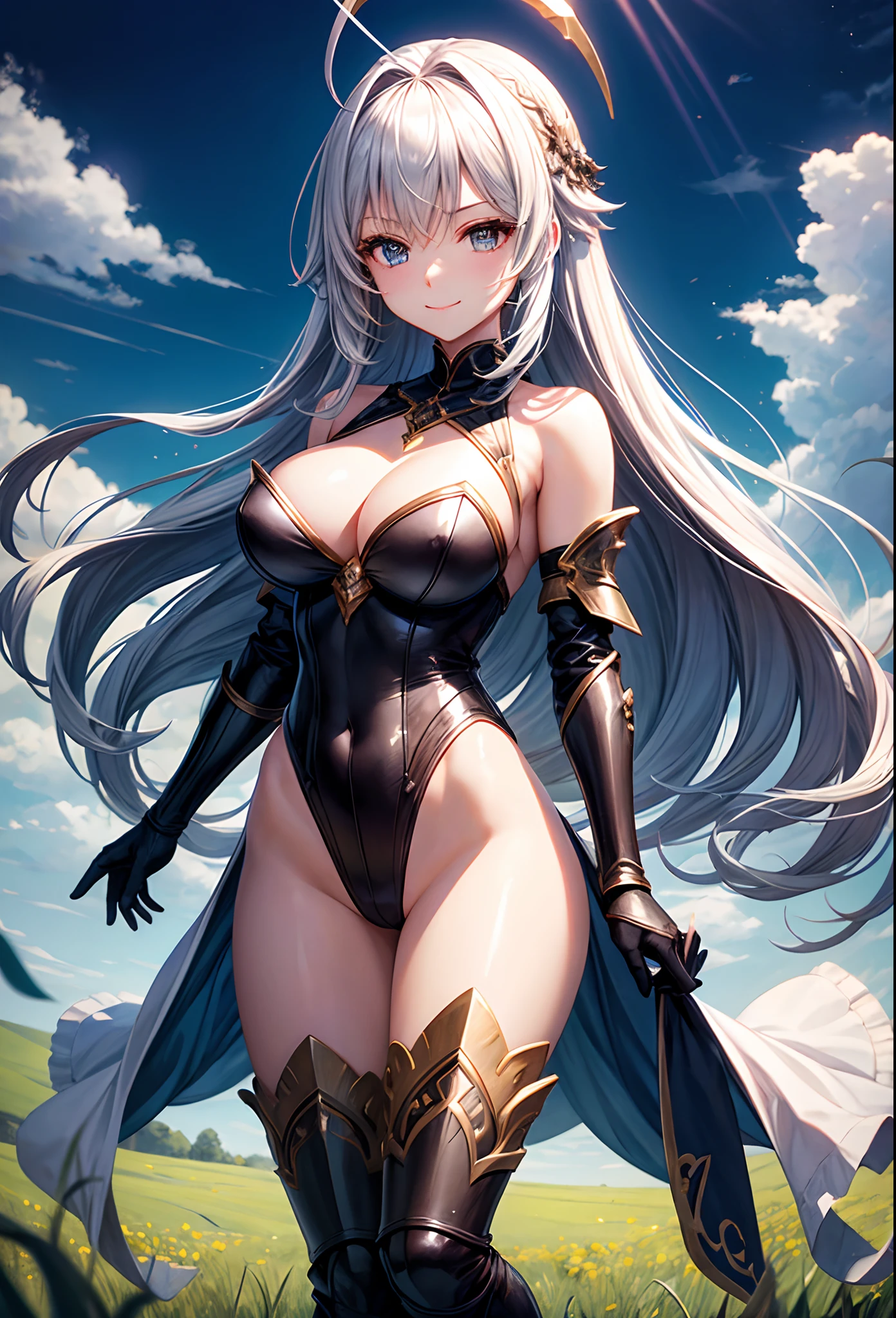 Woman knight、a beauty girl、Beautiful Large Breasts、Footboard beauty、Excellent style、Nice Buddy、glamorous、Black leotard armor、gauntlets、greave、hair adornments、silber hair、Longhaire、Ahoge、cleavage of the breast、Exposure、directly in front、１Person-person perspective、Looking at the camera、is standing、full body seen、a smile、grass field、nigh sky、Aside、the hair flutters with the wind