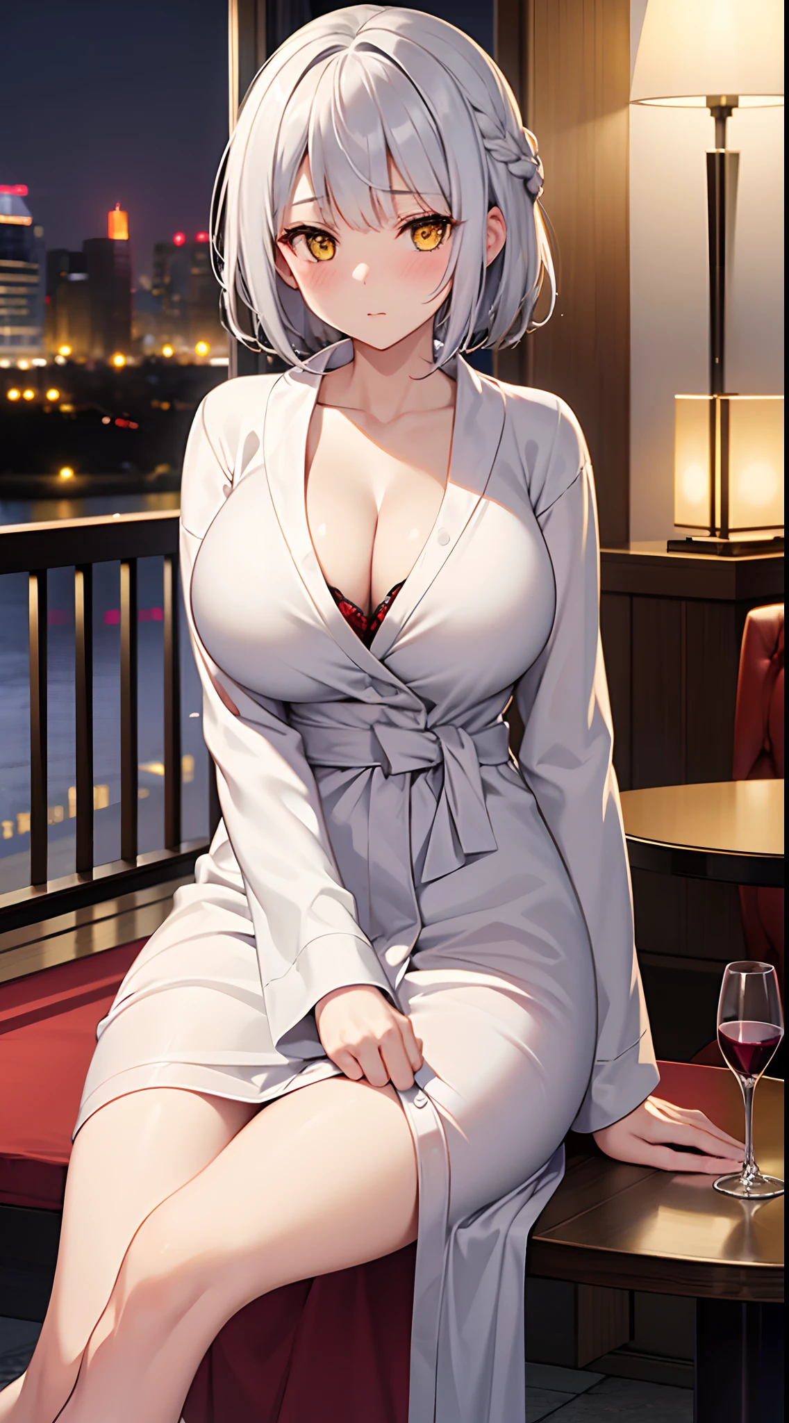 1 girl, game CG, bathrobe, gigantic breasts, silver hair, short hair, french braid, yellow eyes, hotel, night, wine, sitting in chair, table, blush,
