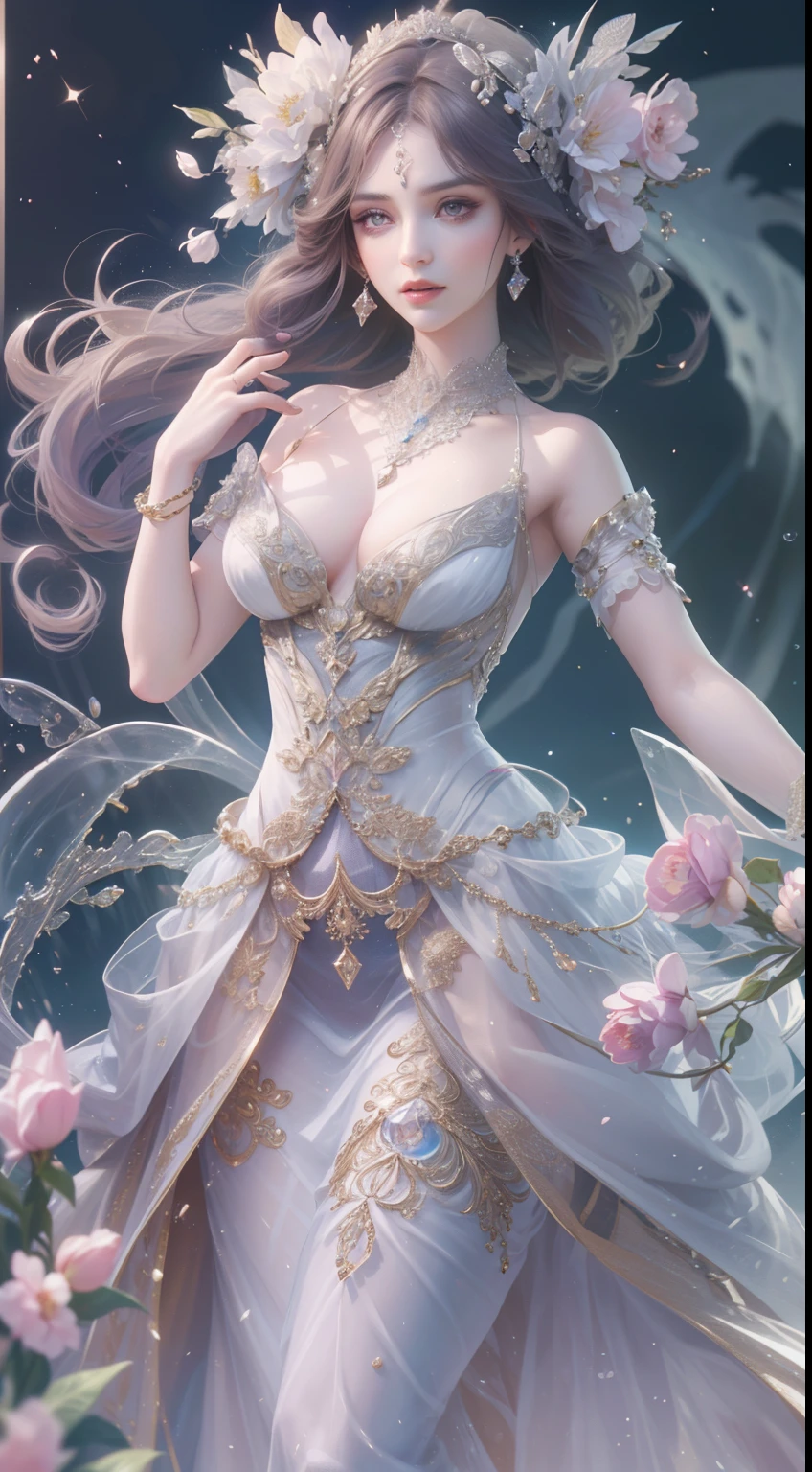 tmasterpiece, Highest high resolution,High-quality content, 8K quality photos with excellent detail, Perfect for presenting dynamic busts of noble maidens, Delicate curves, bend your hair、Creates gorgeous and intricate fabric textures, Plain purple eyes, Delicate floral decoration, Sparkling Crystal Jewelry, Very focused and subtle details。