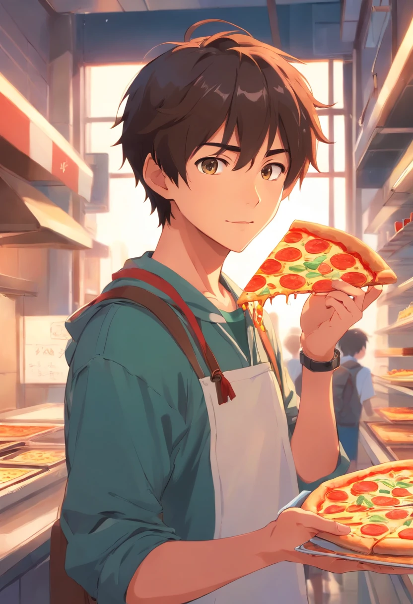 schoolboy，cook，holding pizza，Handsome