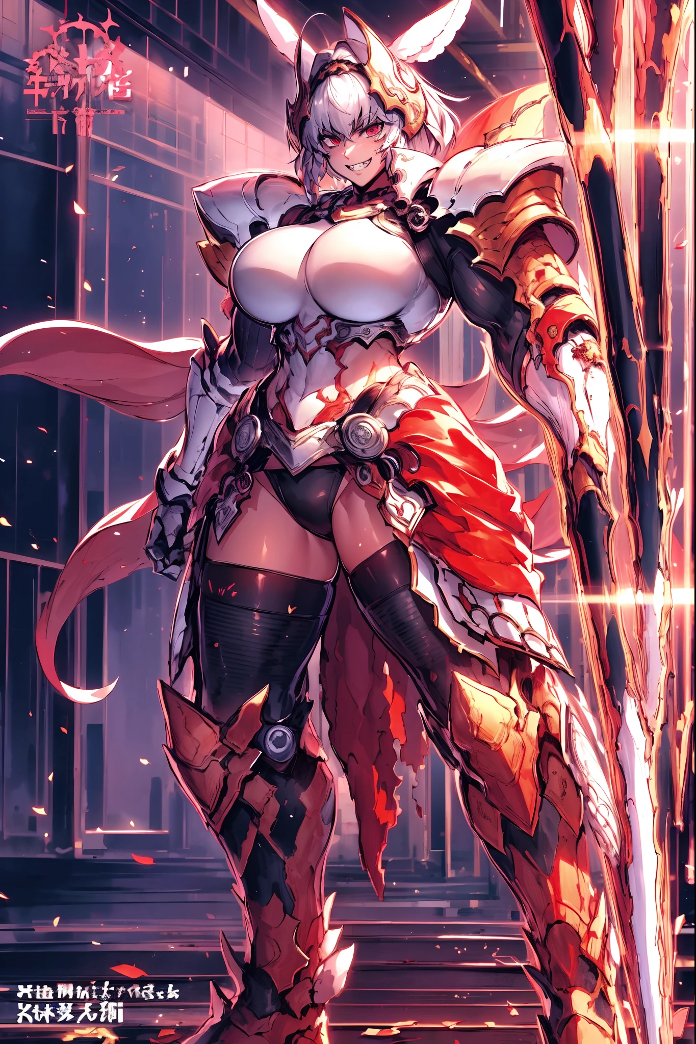 4k, highly detailed, anime style, HDR, subsurface scattering, in a temple, temple being destroyed, Greek temple on fire background, (masterpiece, best quality:1.2), caenis,( fgo stage 3), 1girl, big breasts, looking at fires, smile, short hair, white hair, bangs, red eyes, animal ears, open clothes, hairband, grin, (gold armor), body markings, white nails, epic scene, tall girl,full body, darskinned-female, crazy smile, staff holding, standing, musclegirl, forest