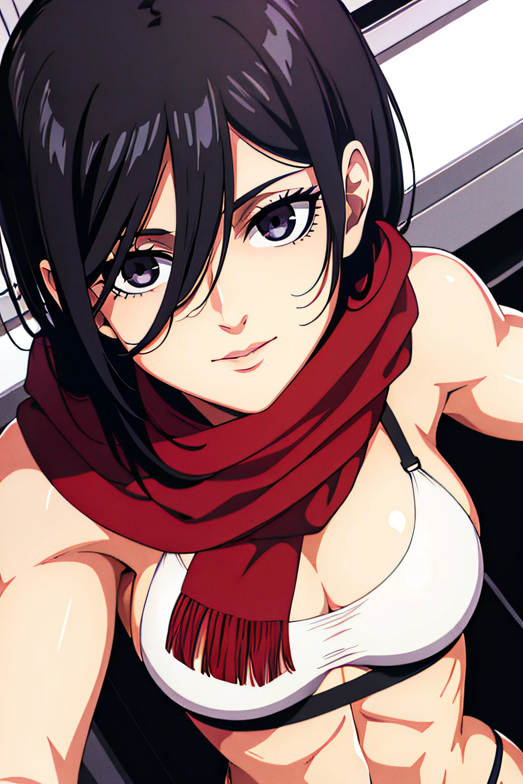 bragas, red scarf around the neck, ojos negros, cabello negro, corto_cabello,pelo entre los ojos, 1 girl in, 20yo,mujer joven,hermosa nariz,Beautiful character design, ojos perfectos, Cara perfecta,ojos expresivos,Equilibrio perfecto, mirando al espectador,boca cerrada, (inocente_grande_ojos:1.0),luz_They are smiling, arte oficial,fondo de pantalla CG 8k extremadamente detallado, (obra maestra:1.0),(mejor_Quality:1.0), muscular, muscular, Muscle, cabello negro, ojos grises, barriga, ombligo, chica musculosa, bikini blanco, Abs, abdomen