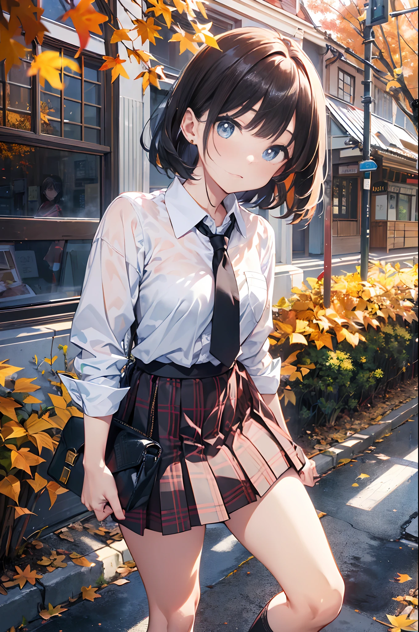 (top-quality、in 8K、32K、​masterpiece、nffsw、超A high resolution、Impresionismo、Photorealsitic:1.2)、cowboy  shot、foco nítido、detailed faces and eyes、(Man Walking Down a Tree-Lined Avenue々Group of, october, during autumn, in autumn, Golden Autumn, golden leaves, autumn season, trending photo, november, autum, beautiful image, beautiful aesthetic, Autumn, autumn season, beautiful day, in autumn, !!Beautiful!!)、Sharp pupils、Realistic pupils、beauitful face、18 year old beautiful girl、shinny skin、Bery short hair、Beautiful dark brown hair、Blunt bangs、Dark blue eyes、Shirt、neck tie、Plaid miniskirt、Black socks、(Have a skirt、Lifting skirt、I can see the white panties:1.3)、(Embarrassed look:1.2)、Mel Kishida