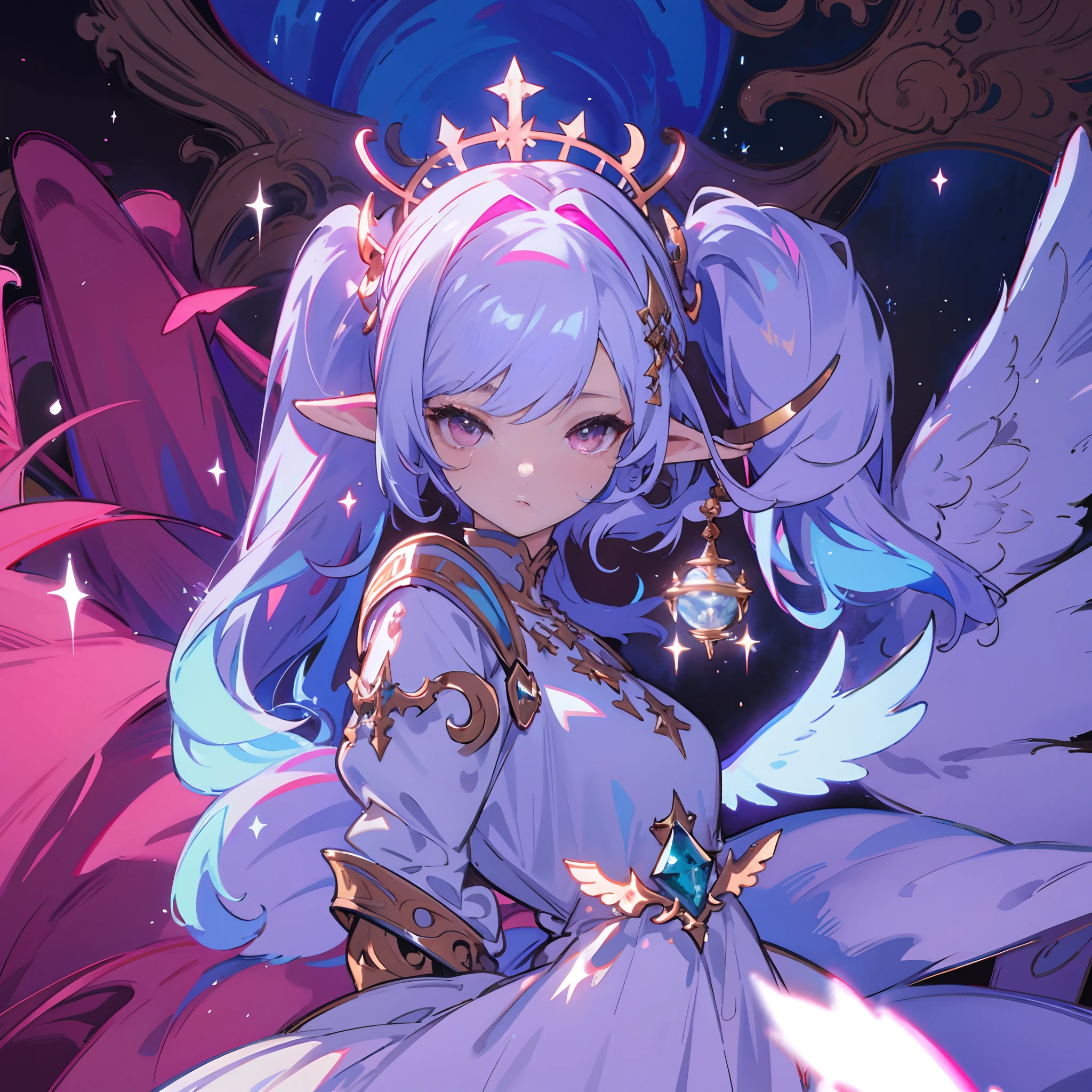 best quality, masterpiece:1.2, ultra detailed, a close up of a person with a white dress and wings, lalafell, aion, wearing angel halo, pink twintail hair and cyan eyes, white glowing aura, white glowing eyes, npc with a saint\'s halo, npc with a saint's halo, white haired deity, she has elf ears and gold eyes, final fantasy 14 style