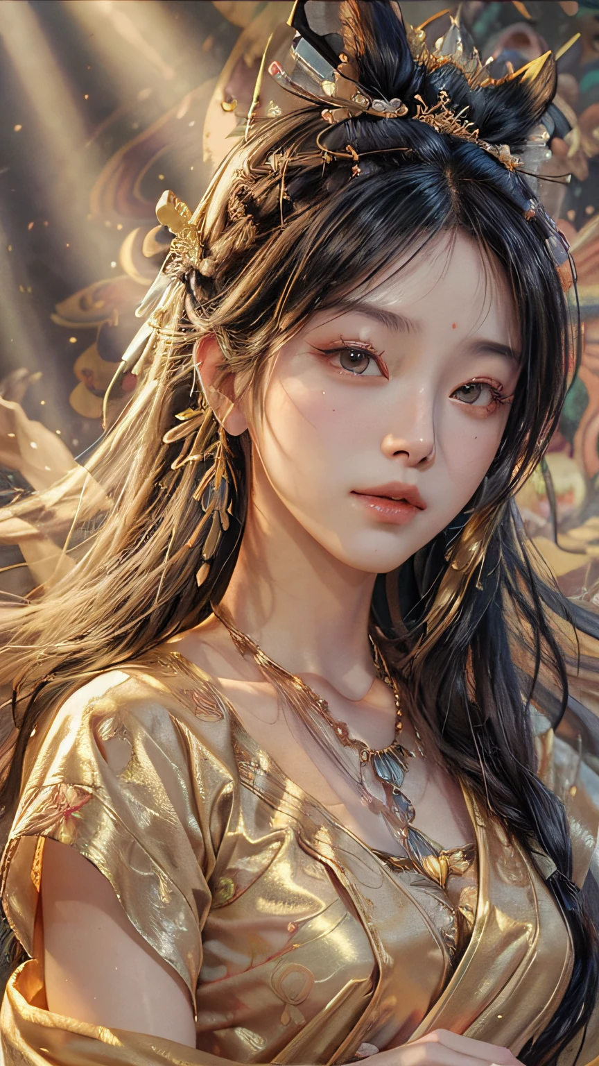 (RAW photos,best qualtiy),(realisticlying,photograph realistic:1.3),best qualtiy,highly detailed,tmasterpiece,ultra - detailed,illustratio,1girll,upper_body,dynamic angle,World Mastery Theatre,messy_long_hair,best qualtiy,extremely detailed CG unity 8k wal,ink,astounding,电影灯光,lens_flare,dunhuang_style,Beautiful rendering of the Tang Dynasty,(ssmile:1.5),(holy rays),In the grotto,Float up,Sony Master Lens,bustling,gold foil,florals,Lilac clothes,looking toward the viewer