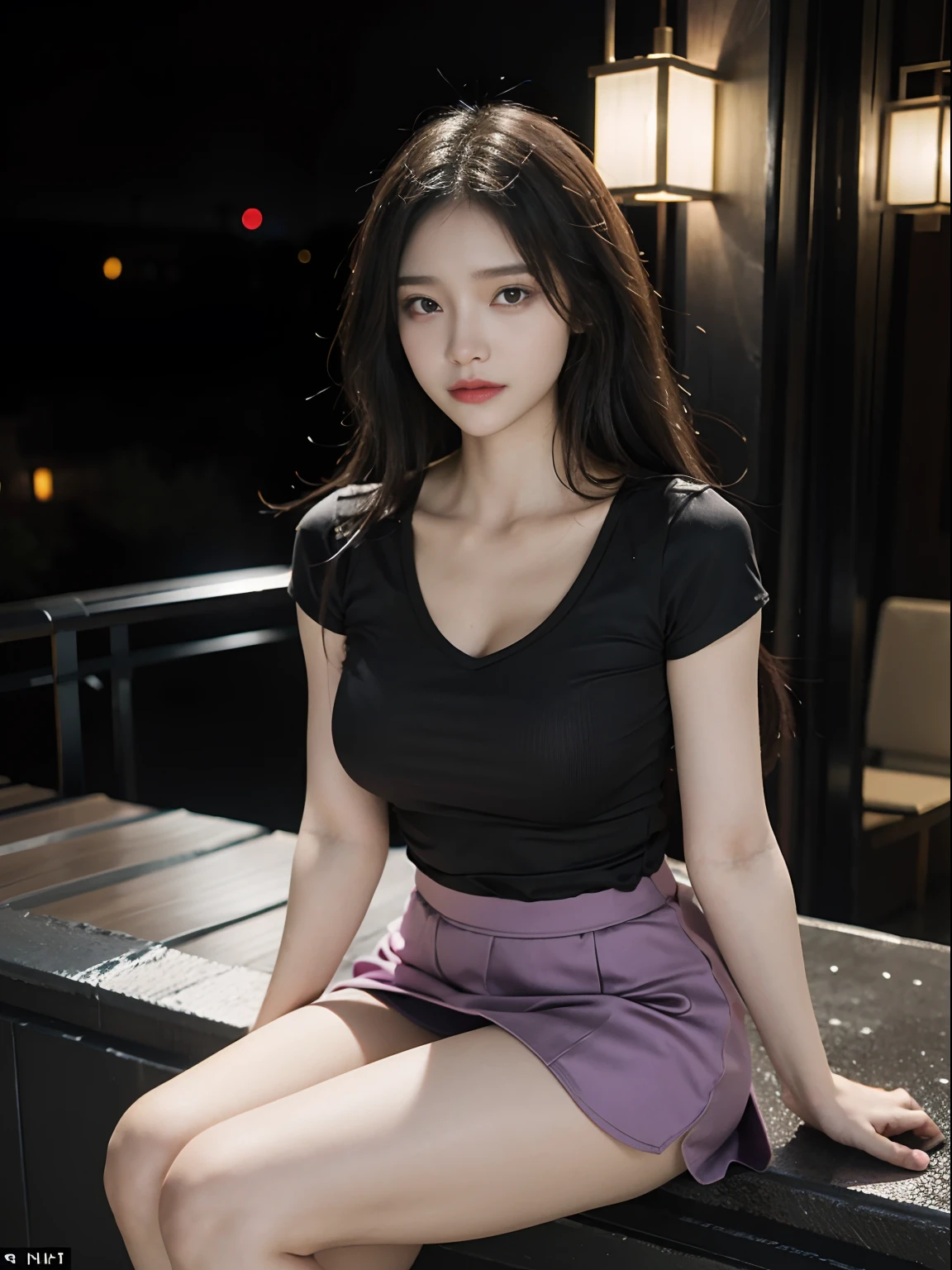 ((midynight, Acura, 8K, tmasterpiece: 1.3)), full bodyesbian, long leges, Focalors: 1.2, perfect figure beautiful girl : 1.4, Slim abs: 1.1, (dark brown hair,: 1.2 )), (Purple tight T-shirt, short skirt,sitting on a stool: 1.2), (city night scene, the roof: 1.3)), Highly Detailed Face and Skin Textur, detailedeyes, 二重まぶた,open legs