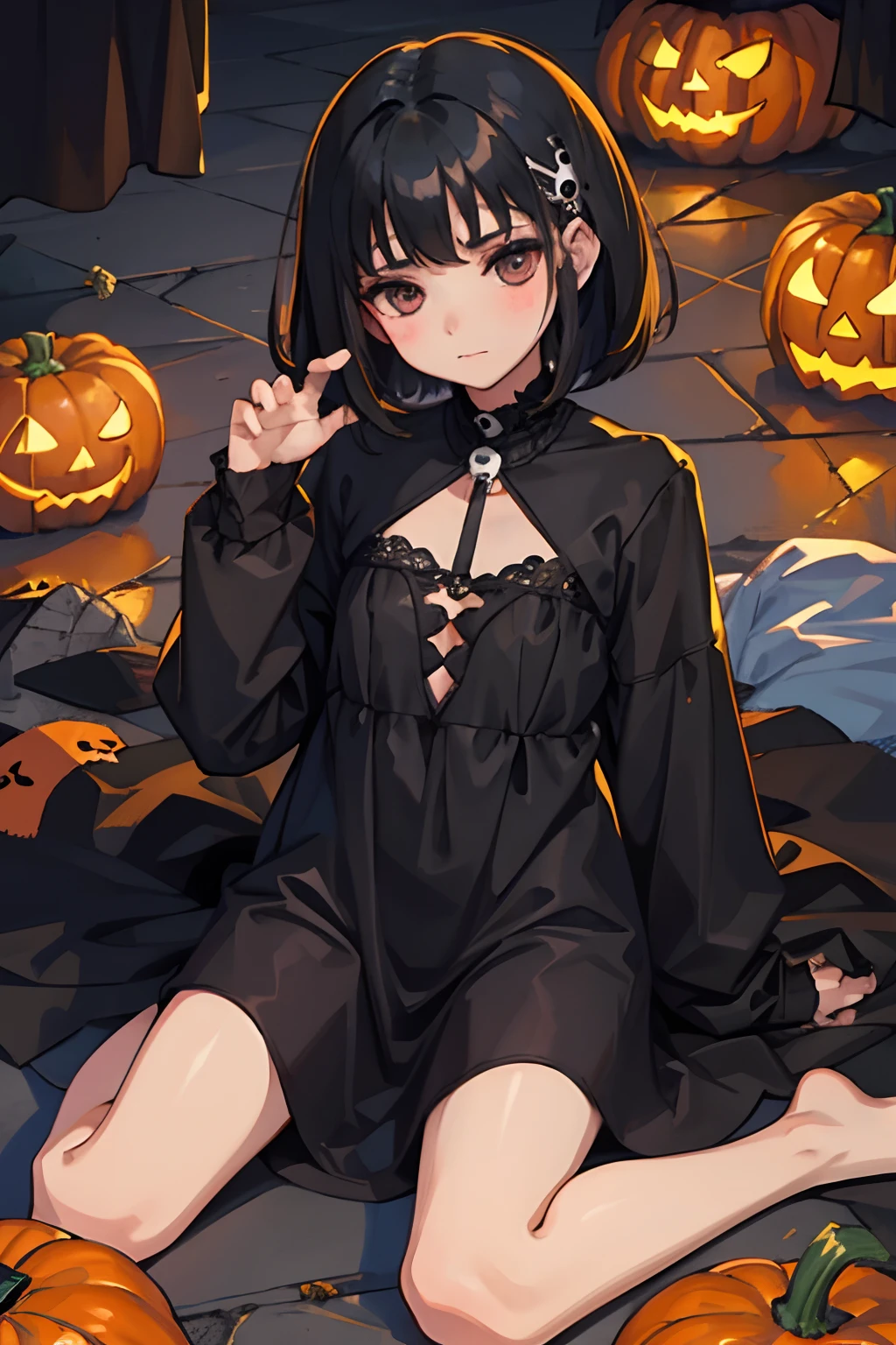 Sleepy look，(child:1.2)，（​masterpiece，Highest Quality），A dark-haired，Medium bob，witch outfit，Halloween，Jack-o'-lantern，pumpkins，skull，ghosting，embarrassed from，be shy，burial site