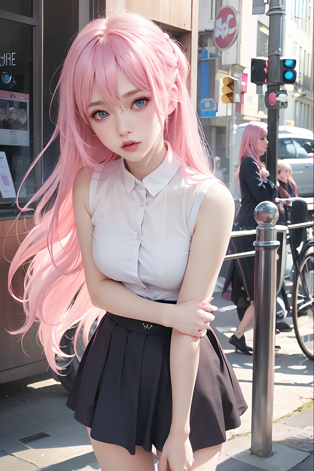 best quality, ultra high res, (photorealistic:1.4), 8k resolution, girl, (pink  hair:1.3) , realistic blue eyes, (realistic hair:1.2), (Korean girl:1.2), (realistic eyes:1.2), (beauty face:1.3), perfect body, white pale skin, small breast, cleavage, , (eyes looked up:1.3), petite , Sports bikini, flat chest