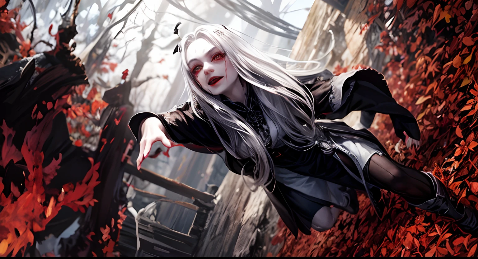 arafed black hair, black lipstick, blood dripping from eyes 👀 woman in a white dress posing next to a tree, horrifying  witch with long hair, white skin, blood dripping from eyes, scars, horns, evil 👿 wearing dark victorian goggles, wearing victorian dark goggles, as a medieval fantasy character, dark witch headdress, wearing victorian goggles, evil fire sorceress in the woods, dressed in a medieval lacy, witchy clothing, witch in the woods, wearing gothic accessories there is a woman with long gray hair and a red shirt, very long silver hair, white hair floating in air, a silver haired mad, long grey hair, middle-aged witch, long silver hair, scary angry pose, dramatic smiling pose, circle of the crone, flowing silver hair, transforming into werewolf, silver long hair, evil pose, silver hair so long