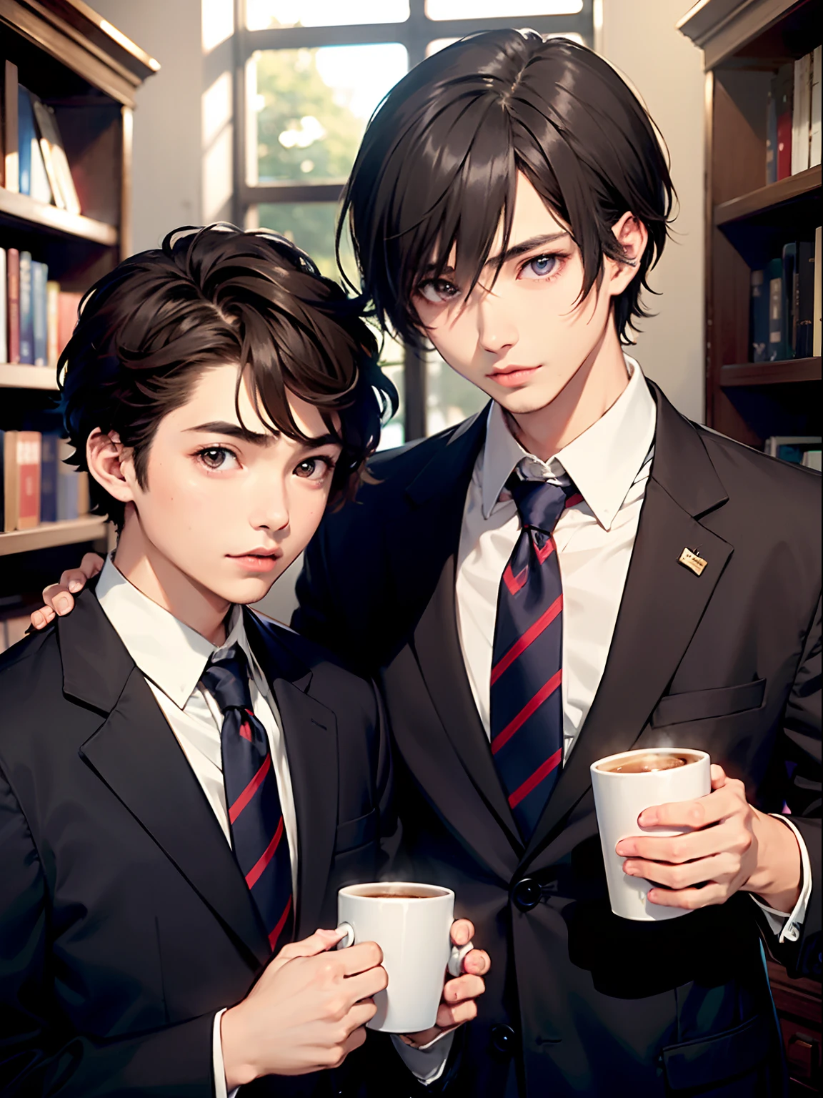 2boys,11 only、(Man's :2),(bobhair:1.5)、A dark-haired、Brown hair、Drinking coffee、chum、Brightly colored ties、Cluttered library、Twilight,Natural lighting、hightquality、masutepiece,8K,hight resolution、