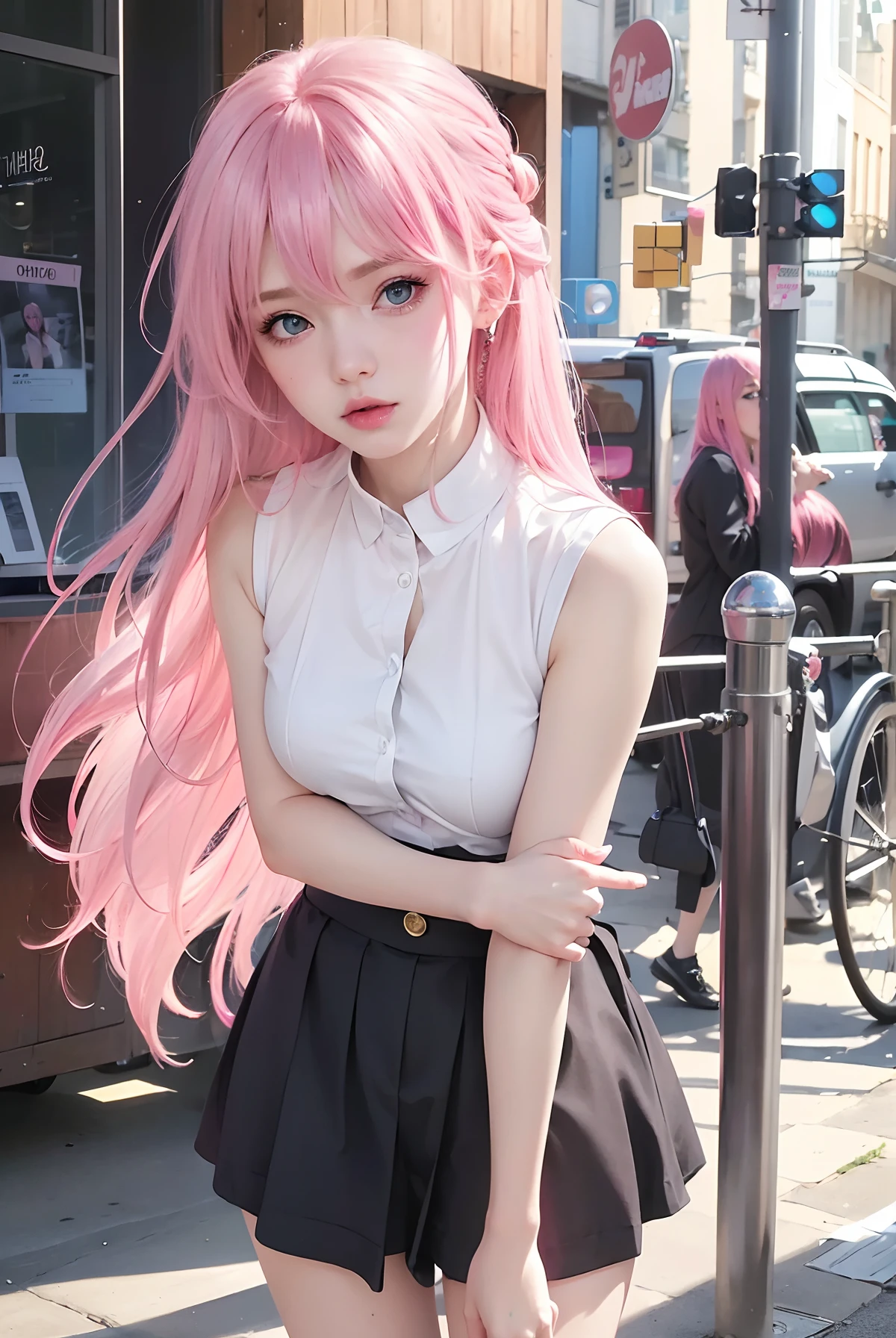 best quality, ultra high res, (photorealistic:1.4), 8k resolution, girl, (pink hair:1.3) , realistic blue eyes, (realistic hair:1.2), (Korean girl:1.2), (realistic eyes:1.2), (beauty face:1.3), perfect body, white pale skin, small breast, cleavage, , (eyes looked up:1.3), petite , Sports bikini, flat chest