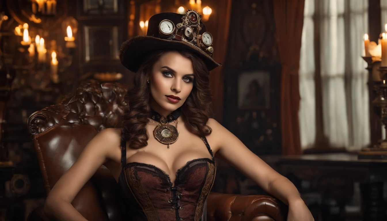 Retrato de uma menina steampunk bonita em lingerie e meias sentada em poltrona velha, ((detalhando todo o corpo)), de frente para camera ((highes definition))