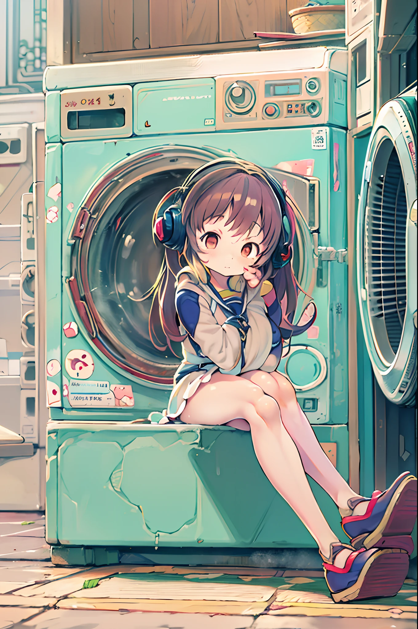 Anime girl sitting on a chair in front of the washing machine, anime moe art style, Cute anime girl, Anime visuals of cute girls, anime style 4 k, Anime! 4K, Anime! 4 k, Anime Manga Robot!! Anime Girl, marin kitagawa fanart, Anime , Cute Anime, best anime 4k konachan wallpaper